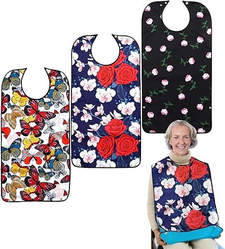 Pafusen Paquete de 3 baberos para adultos para mujeres, baberos reutilizables para adultos para comer con atrapador de migas opcional, protector de