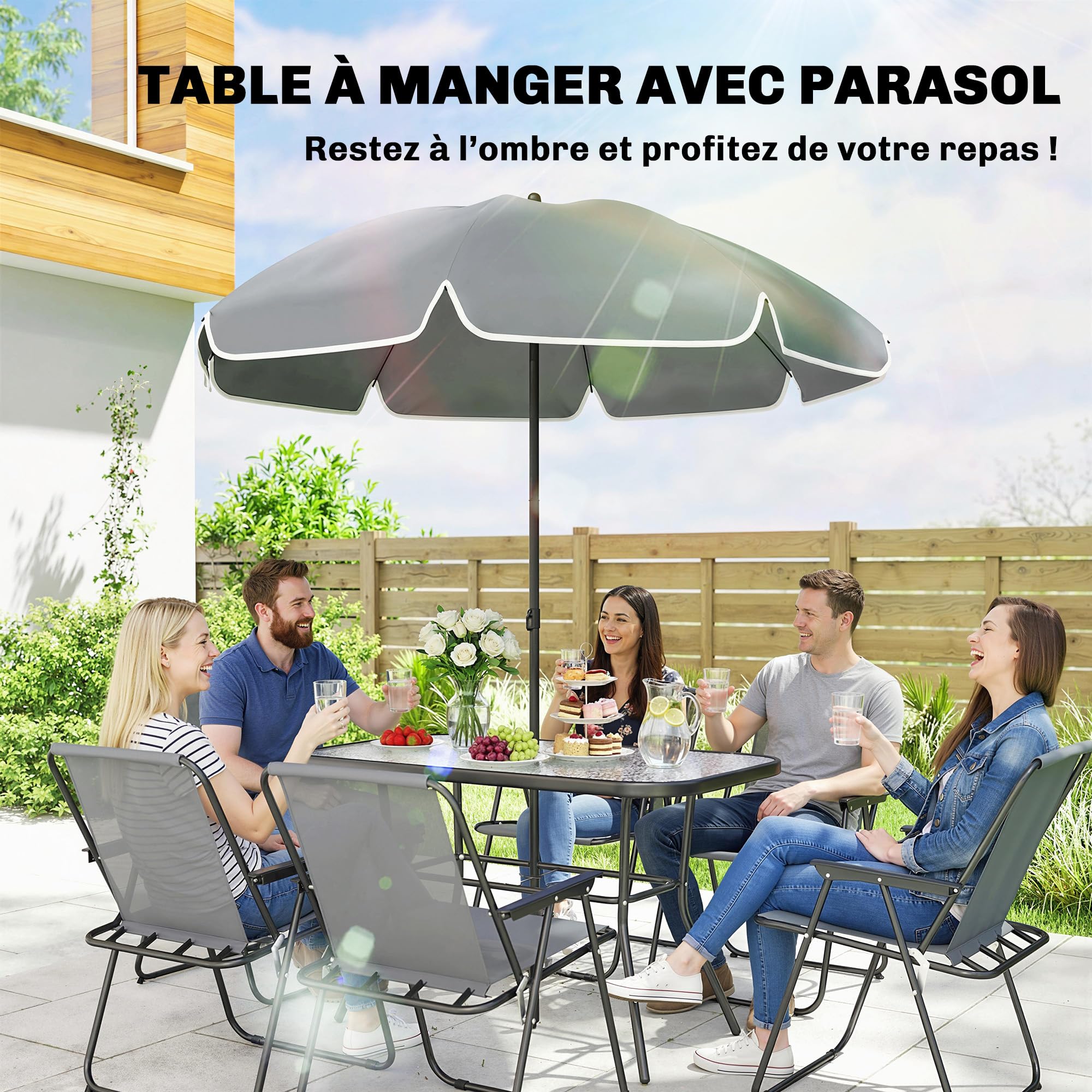 Outsunny Salon de jardin extérieur 8 pièces, table de jardin extérieure avec 6 chaises Pliantes et parasol, plateau en Verre Trempé, structure en acier anti-rouille, mobilier de jardin, terrasse, Gris