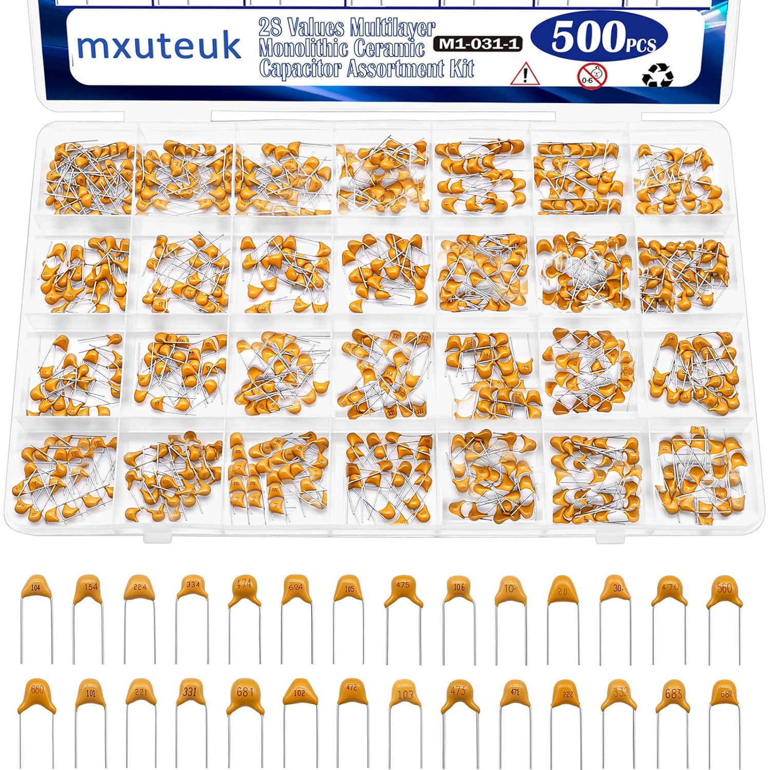 mxuteuk 28 Values 500pcs Ceramic Capacitor Assortment Kit, 10pF-10uF Multilayer Monolithic Capacitor Set with Storage Box for Computers, Data Processing, Telecommunication, Industrial Control