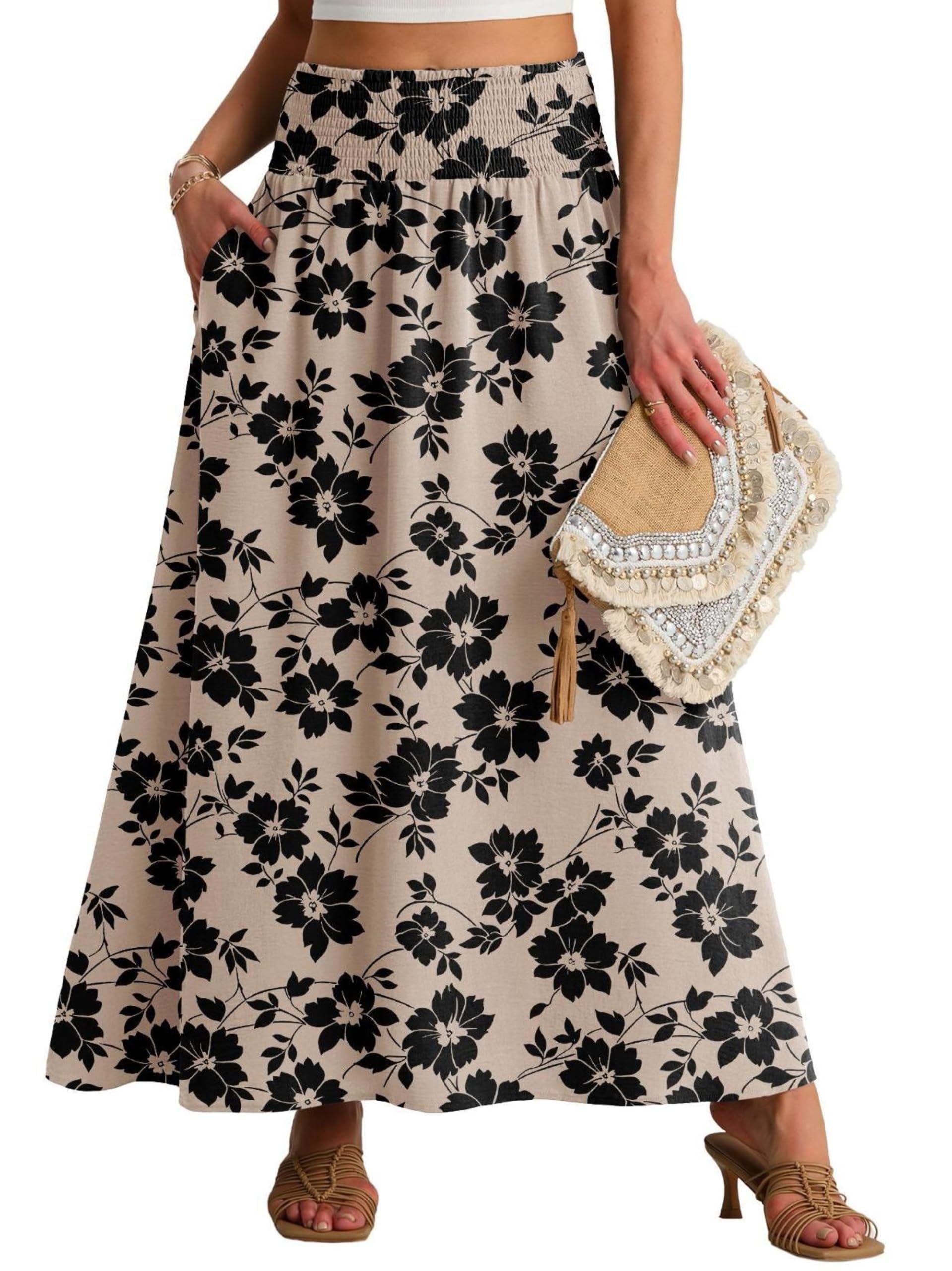 QIXING Damen Sommerrock Lang A-Linie Smocked Hohe Taille Swing Plisseerock mit Taschen Boho Maxirock