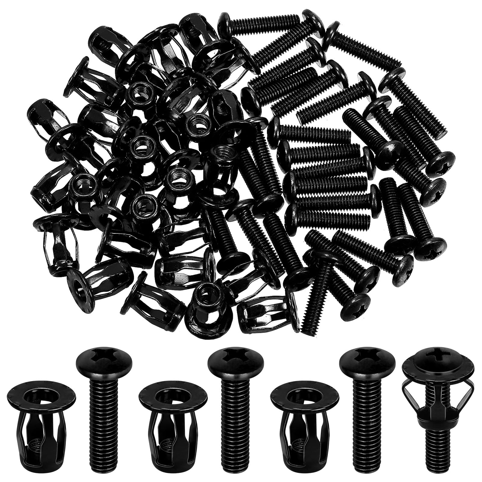 GLARKS 60pcs M6 Jack Nut and Flat Head Phillips Machine Screws Kit, Black Expansion Nut for Plastic Polywood Pressboard Hardboard