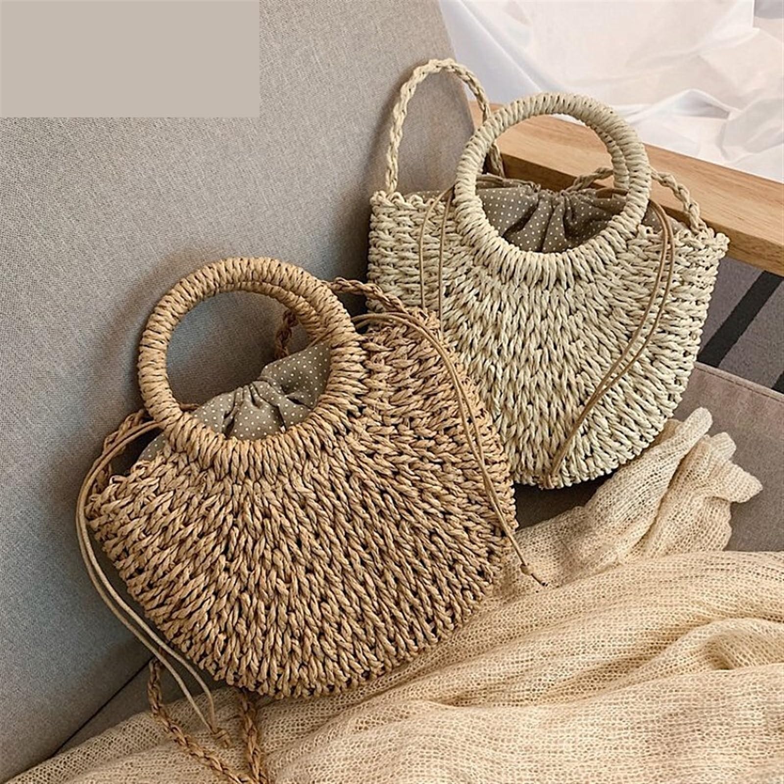 Bolso de Paja Tejido de Mimbre semicircular Hecho a Mano, bandoleras Cruzadas de Verano for Mujer, Bolso de Playa pequeño for niñas Bolsade de Viaje para Mujer(Khaki Ribbon)