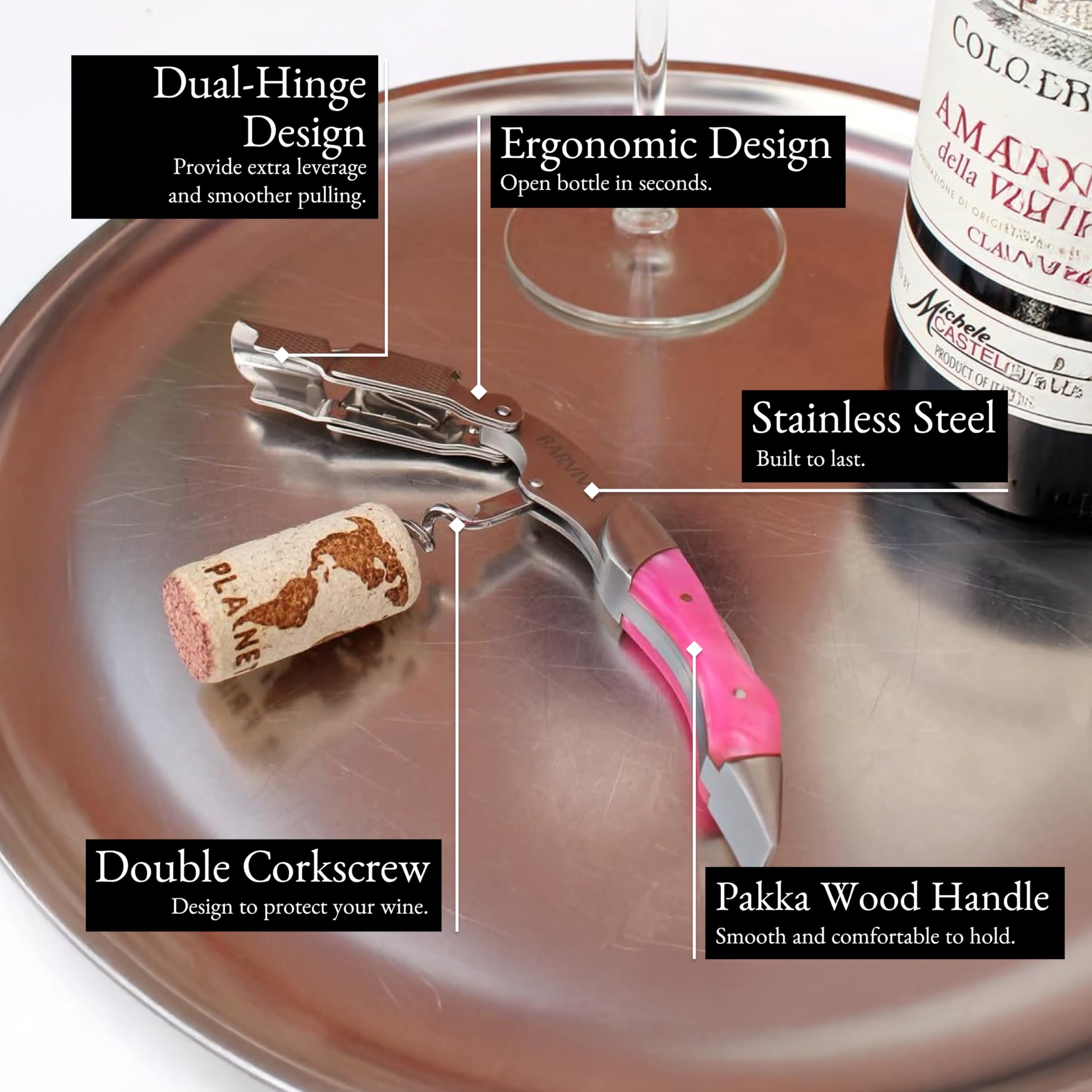 Barvivo Cavatappi Professionale Apribottiglie Perfetto per stappare Bottiglie di Vino, Birra, per Sommelier e Bartenders di Tutto Il Mondo. Realizzato in Acciaio Inox e Resina Rosa.