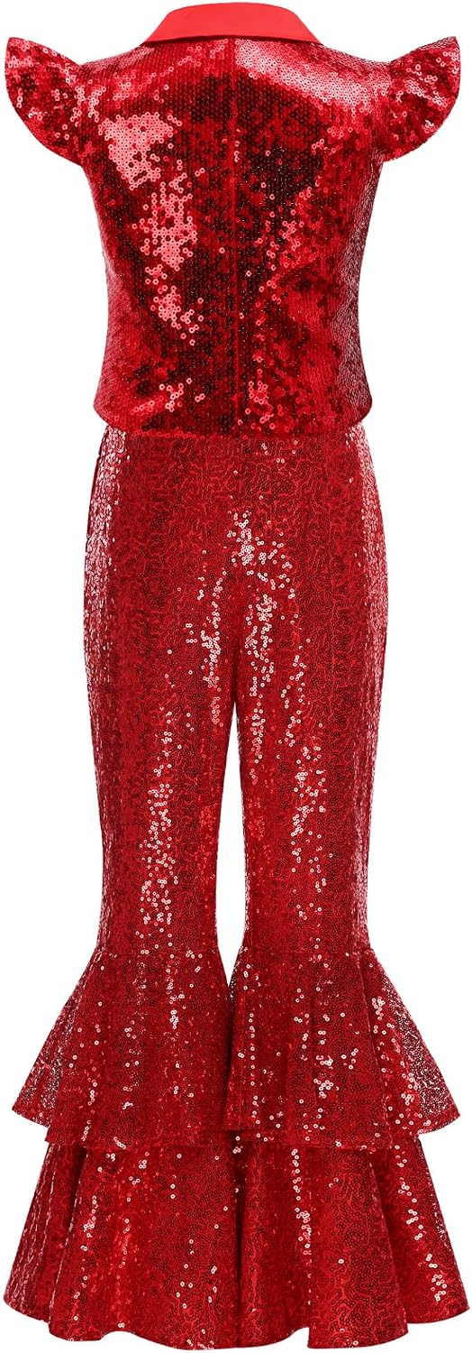 Sywiyi 2pcs Girls Dance Outfits Cropped Sequin Top Pants Set Kids Hip Hop Dance Costumes for Dress Up Party Z Red 10 Years