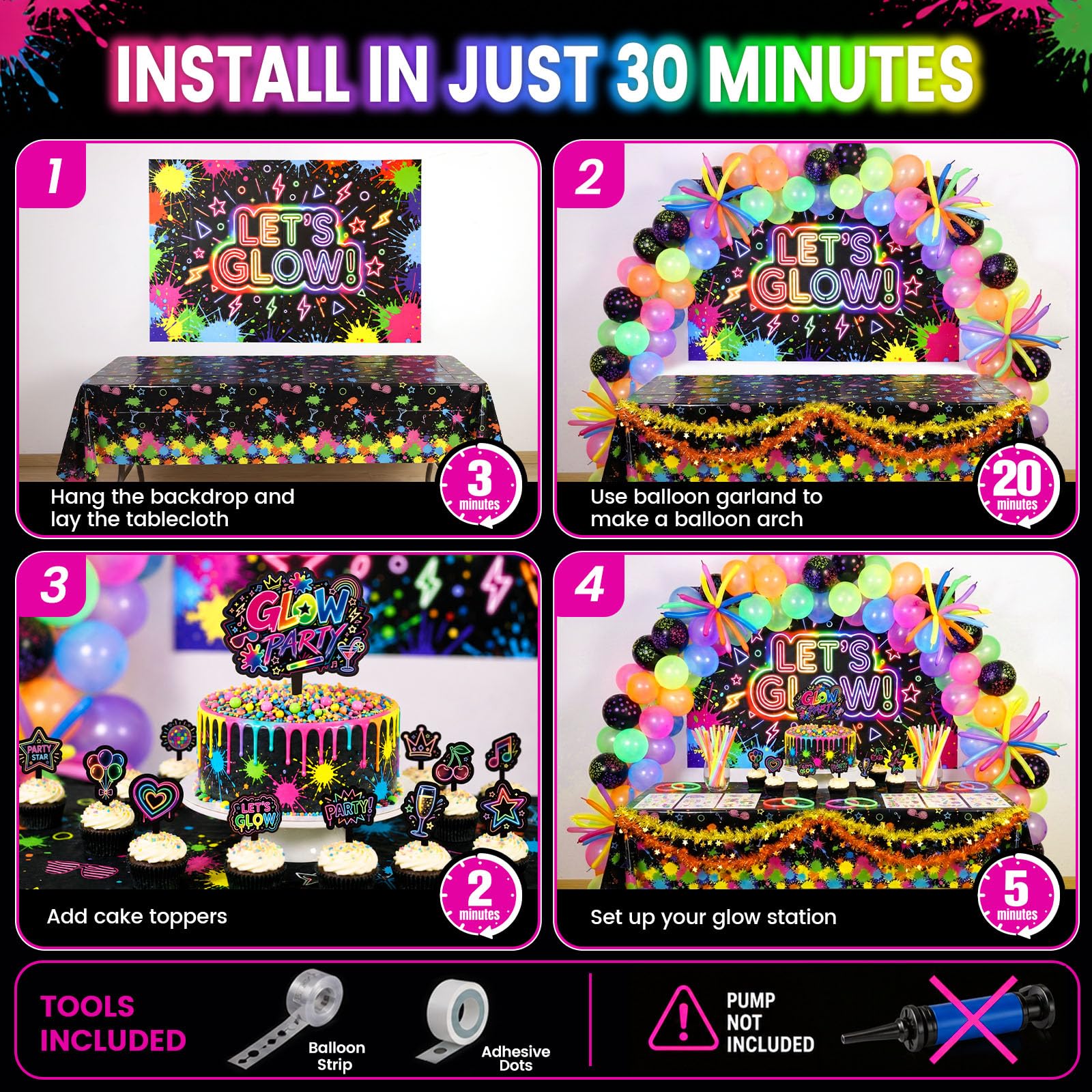 LovesTown 192PCS Neon Glow Party Decorations Kit with 113 Balloons