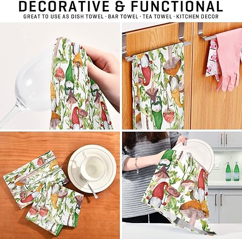 Miniatura 7 de Kigai Juego de 4 toallas de cocina con gnomos de hongos, ultra suaves y absorbentes, toallas de mano para baño, paños de limpieza reutilizables,