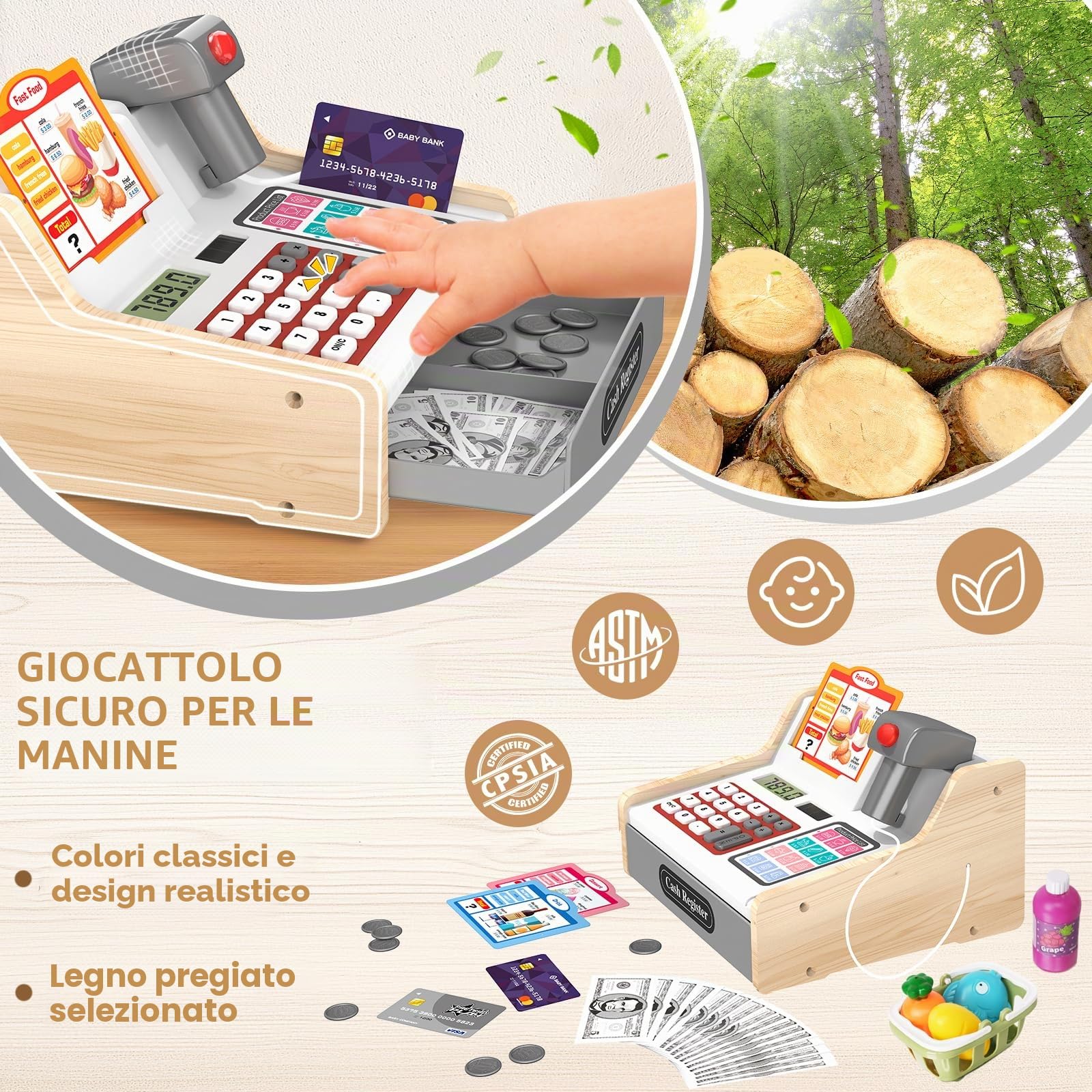 2025 Registratore di Cassa Giocattolo in Legno con Calcolatrice Scanner Giochi per Bambini 3+ Anni, Giocattoli Negozi di Giochi Finti Regali Educativi per Ragazze Ragazzi 3 4 5 6 7Anni, Bianco&Grigio