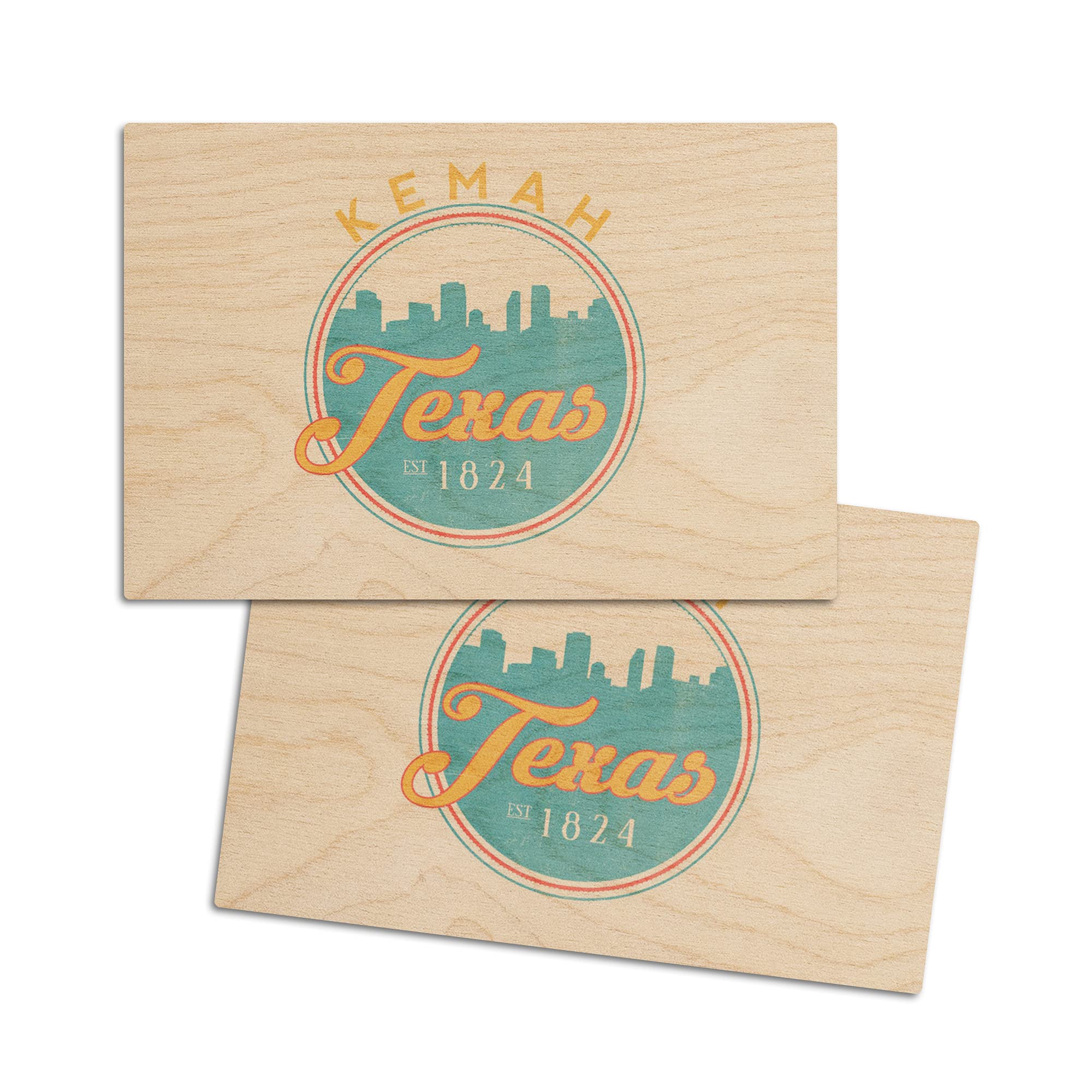Lantern PressKemah, Texas, Skyline Badge (4x6 Birch Wood Postcards, 2-Pack Stationary, Rustic Home Wall Decor)