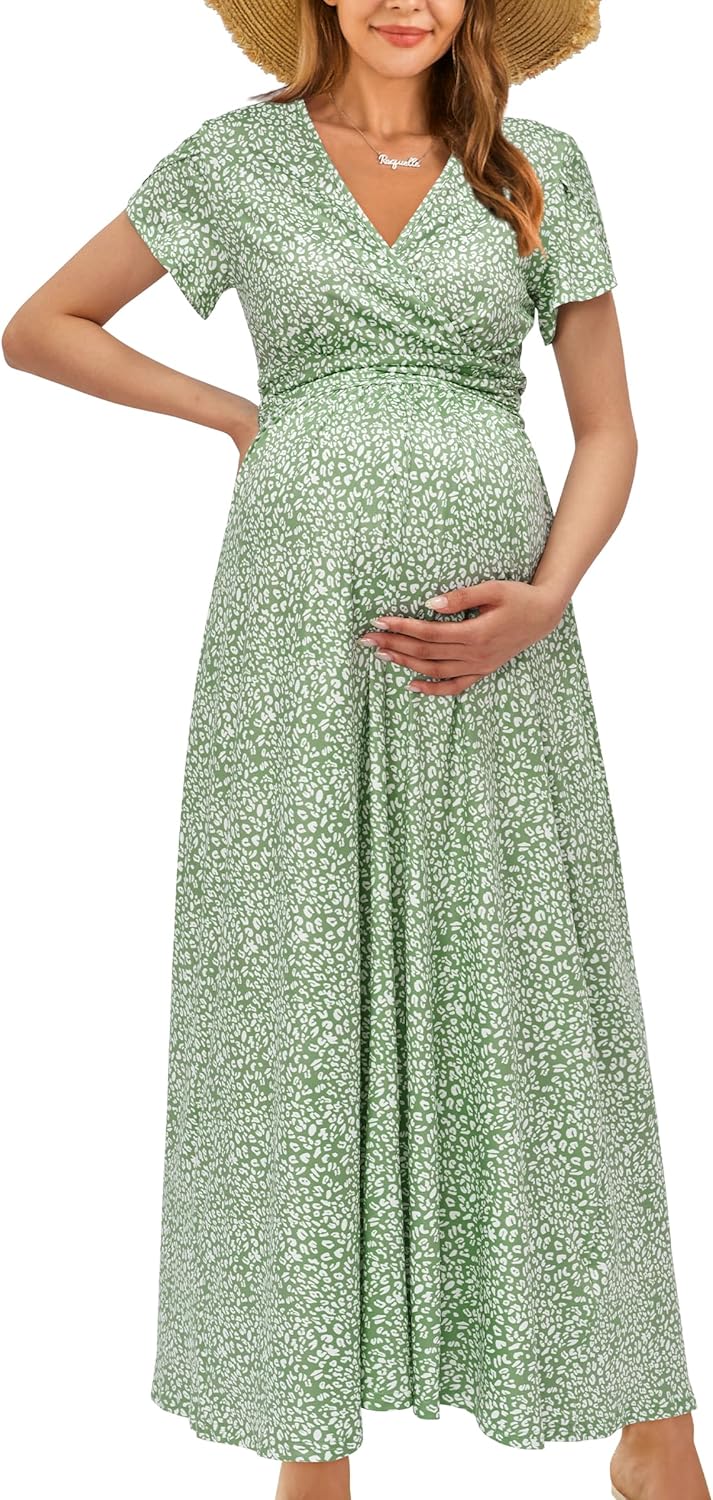 OUGES Maternity Maxi Dress Wrap V Neck Baby Shower Pregnancy Dresses for Photoshoot