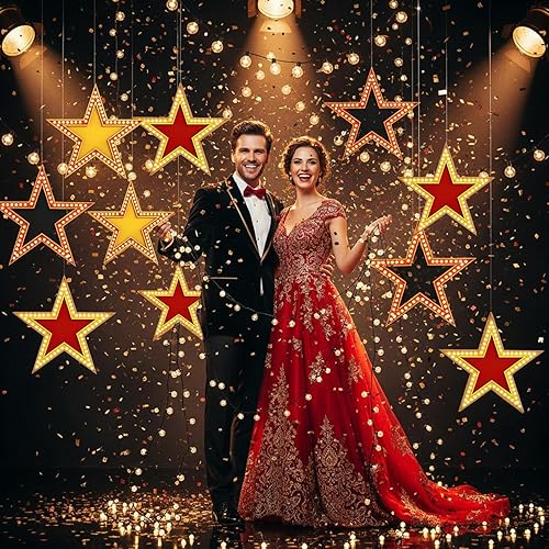 Vista 5 de 30 piezas grandes de 11 pulgadas con diseño de estrellas doradas con doble impresión de estrellas de papel, decoración de alfombra roja, suministros