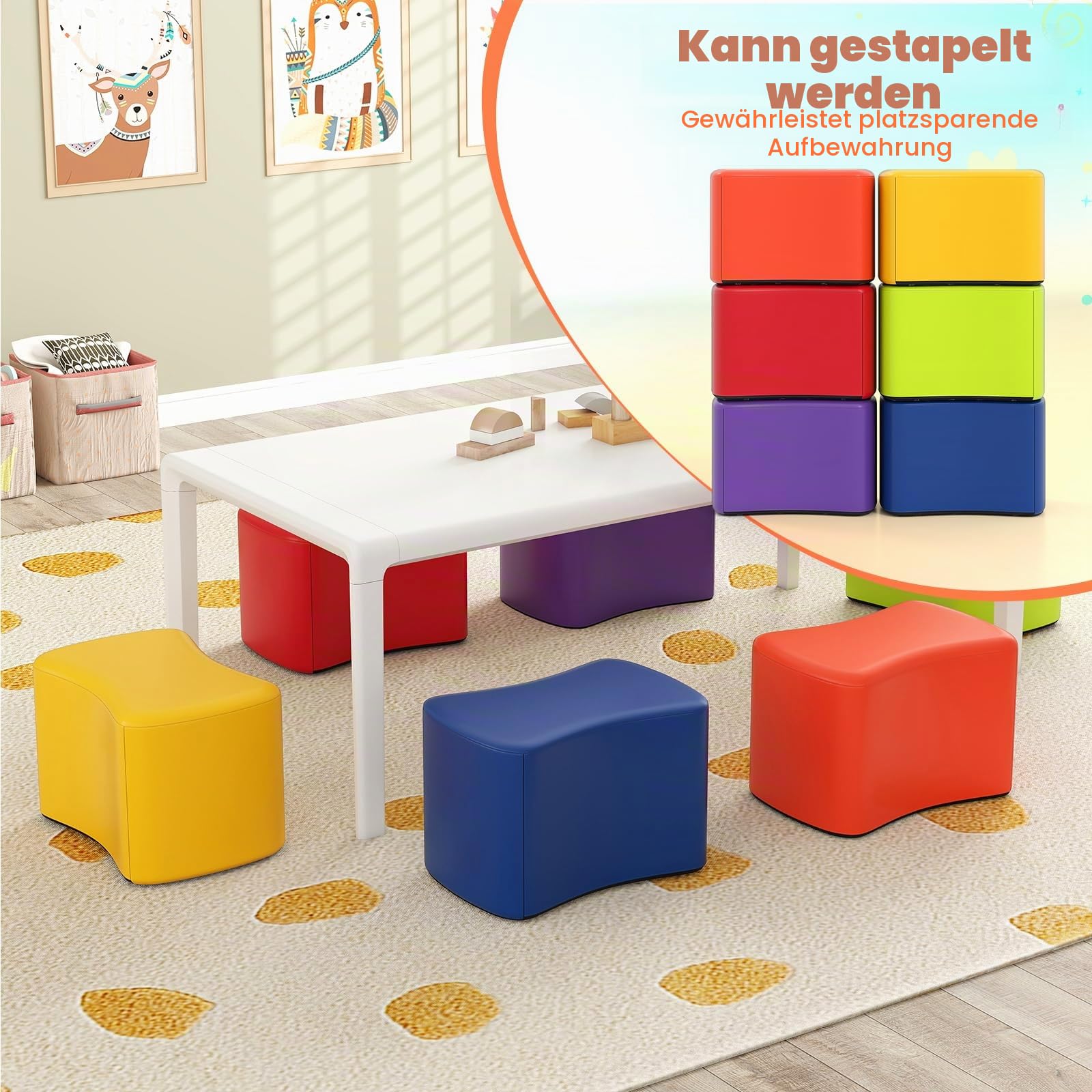 LIFEZEAL 6er Set Kinderhocker, Sitzhocker aus Schaumstoff, Kinder Fußhocker mit Bezug aus Kunstleder, Polstermöbel Kinderstuhl für Kinderzimmer, Kindergarten, Babyzimmer