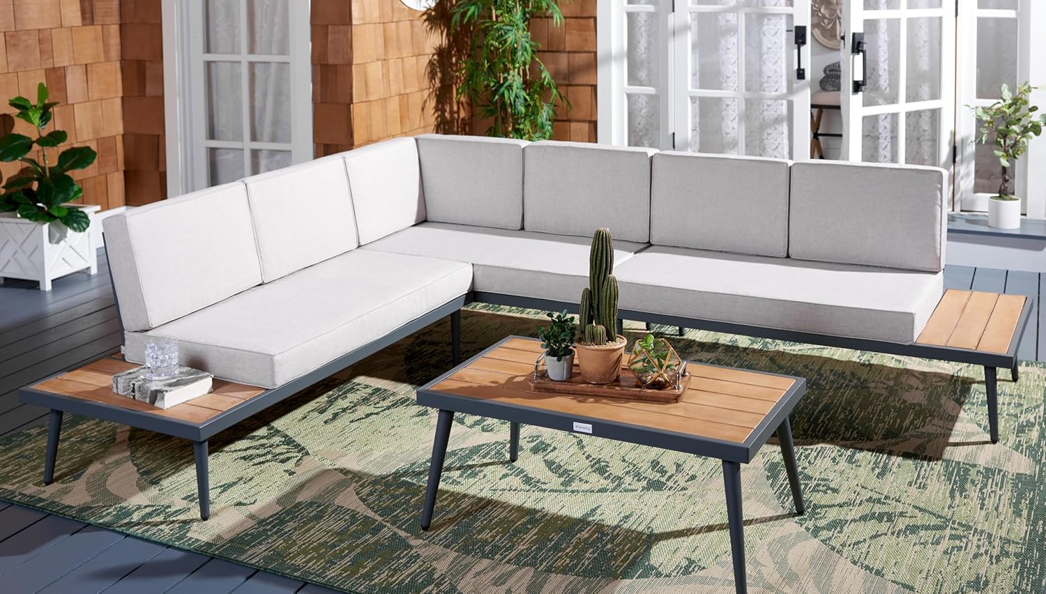 SAFAVIEH Outdoor Collection Guthrie Natural/Light Grey Solid Wood Corner Conversation Patio Set