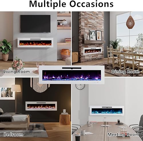 Miniatura 7 de LUXOAK Chimenea eléctrica empotrada y montada en la pared de 60 pulgadas con brillo de llama ajustable, chimenea de espejo independiente con patas,