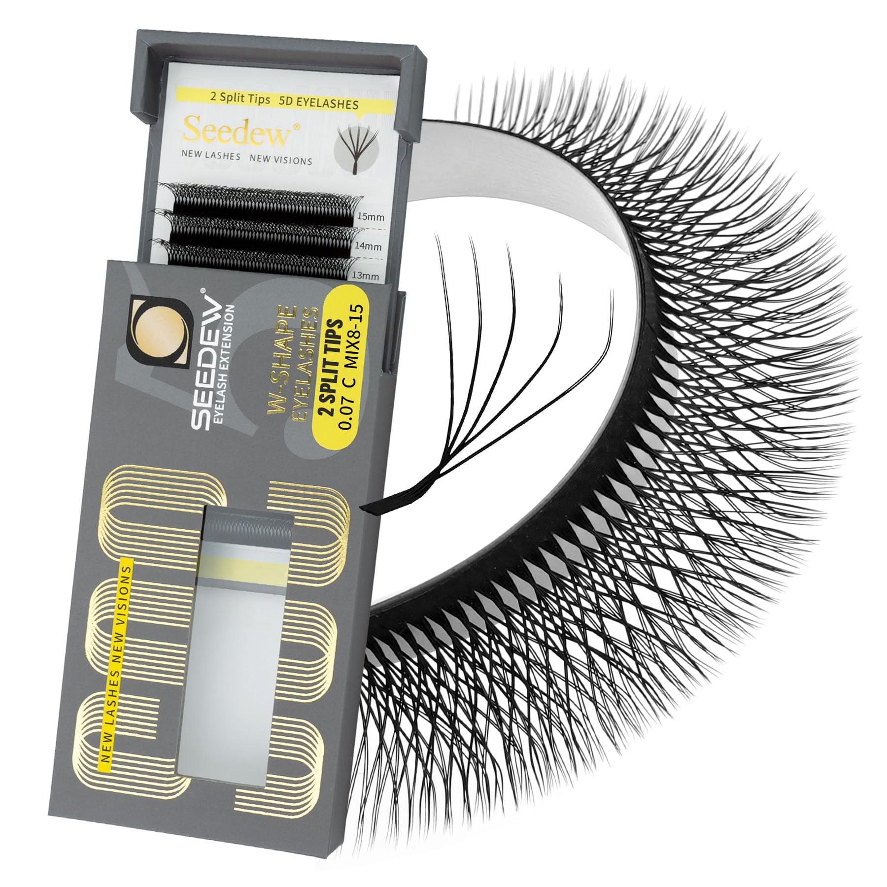 SEEDEW Double Tips 5D Lash Extensions, 0.07mm C Curl MIX8-15mm 12 Rows/Tray, W Shape 5D ww, 5D-Double Tips