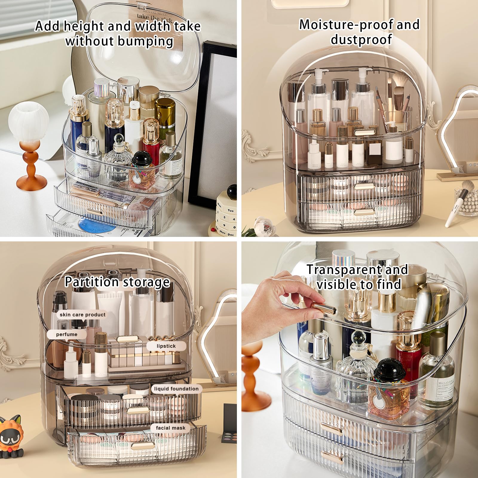 DASITON Großer Make up Kosmetik Organizer mit 2 Schubladen,Staubdichte Kosmetik Aufbewahrung mit Deckel,Cosmetic Skincare organizer für Schminktisch,Badezimmer,Schlafzimmer(Transparent)
