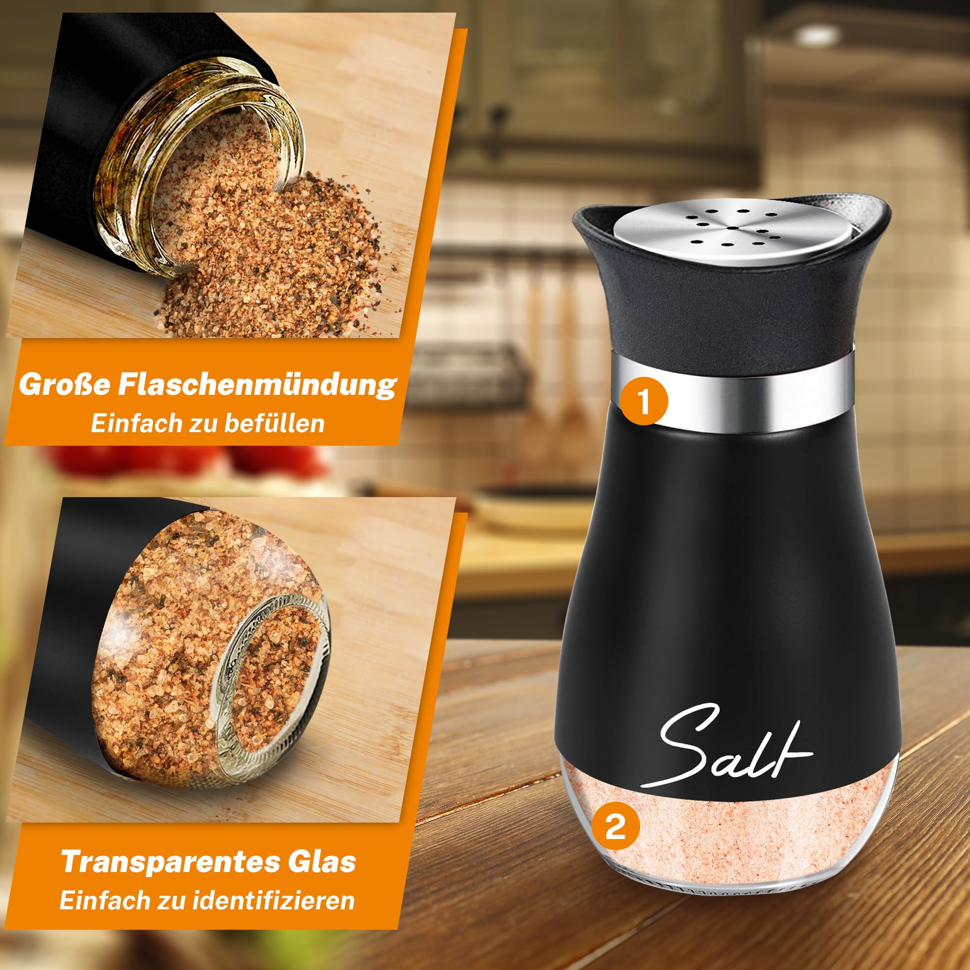 Set Sale E Pepe In Vetro Con Coperchio In Acciaio Inox – 4 Oz, Design Ricaricabile Con Scritte – Perfetto Per Campeggio E BBQ