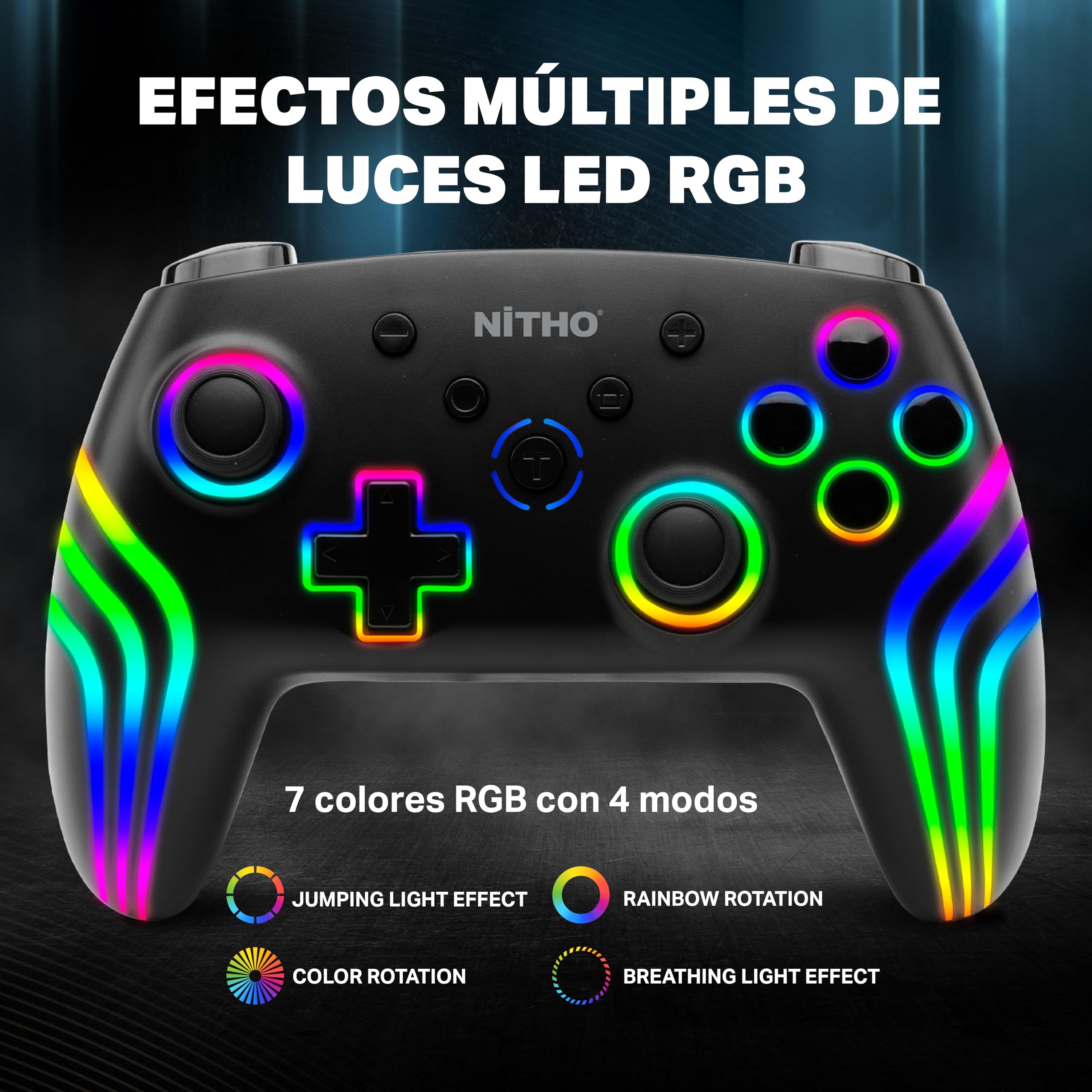 NITHO NEXUS DARK OPS Mando Inalámbrico Compatible con Switch/Switch 2/PC/Android/iOS, Gamepad con Giroscopio de 6 Ejes, Luz LED RGB, Vibración Dual, Turbo, Joystick con Diseño Ergonómico - Negro