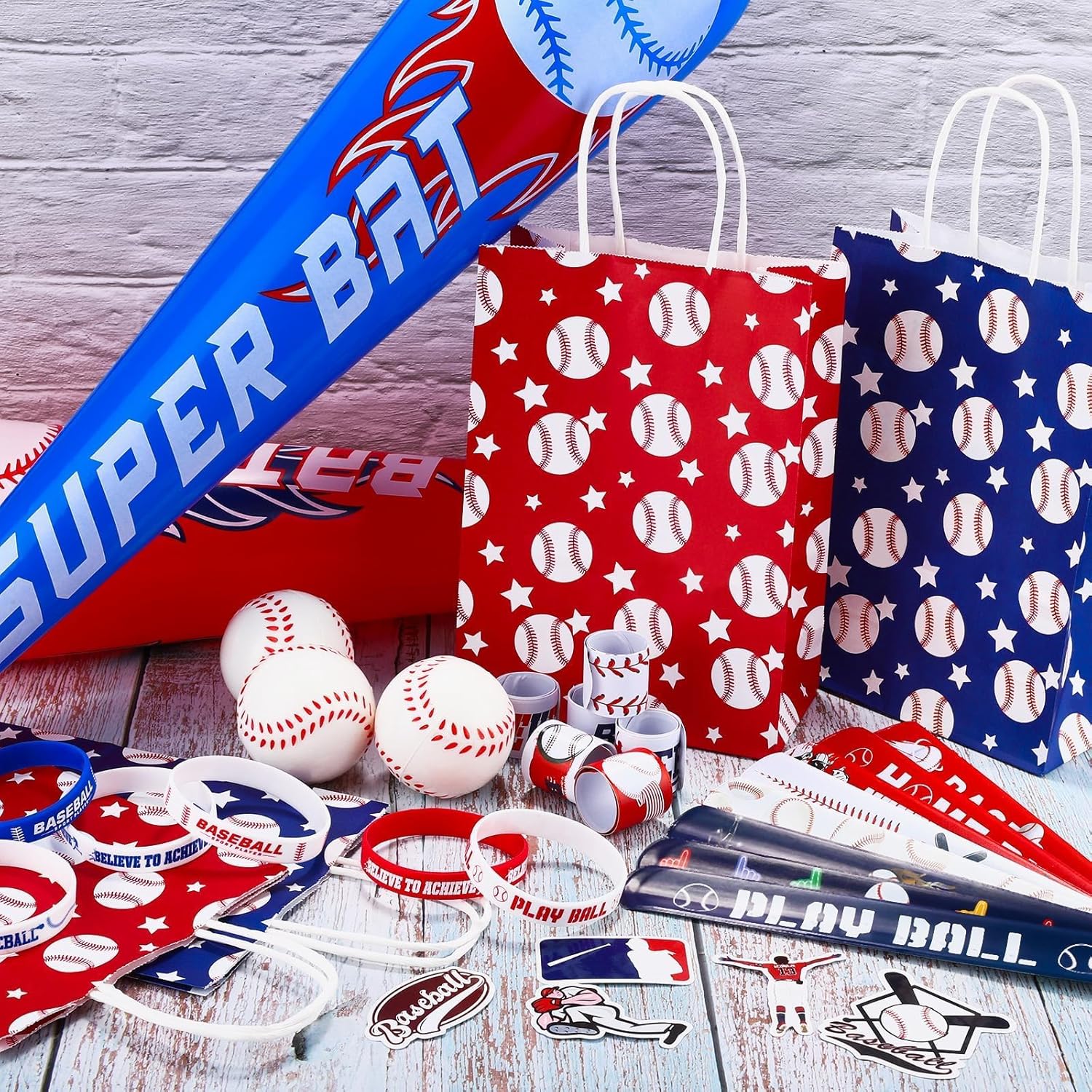 durony 122 Pieces Baseball Party Favors Set Inflatable Baseball Bat Mini Foam Stress Balls Slap Bracelets Silicone Bracelets Tattoo Stickers Gift Paper Bags for Sports Themed Party Decoration - Image 6
