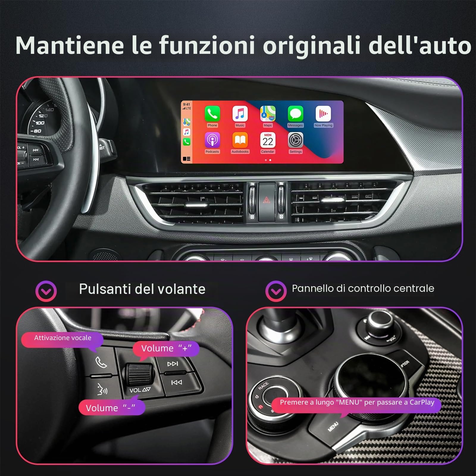 Kit Retrofit Wireless CarPlay per Alfa Romeo Giulia Stelvio 2017-2020 | Android Auto Compatibile con schermi 6.5 e 8.8 pollici supporto sterzo Bluetooth navigazione GPS e controllo fabbrica Plug