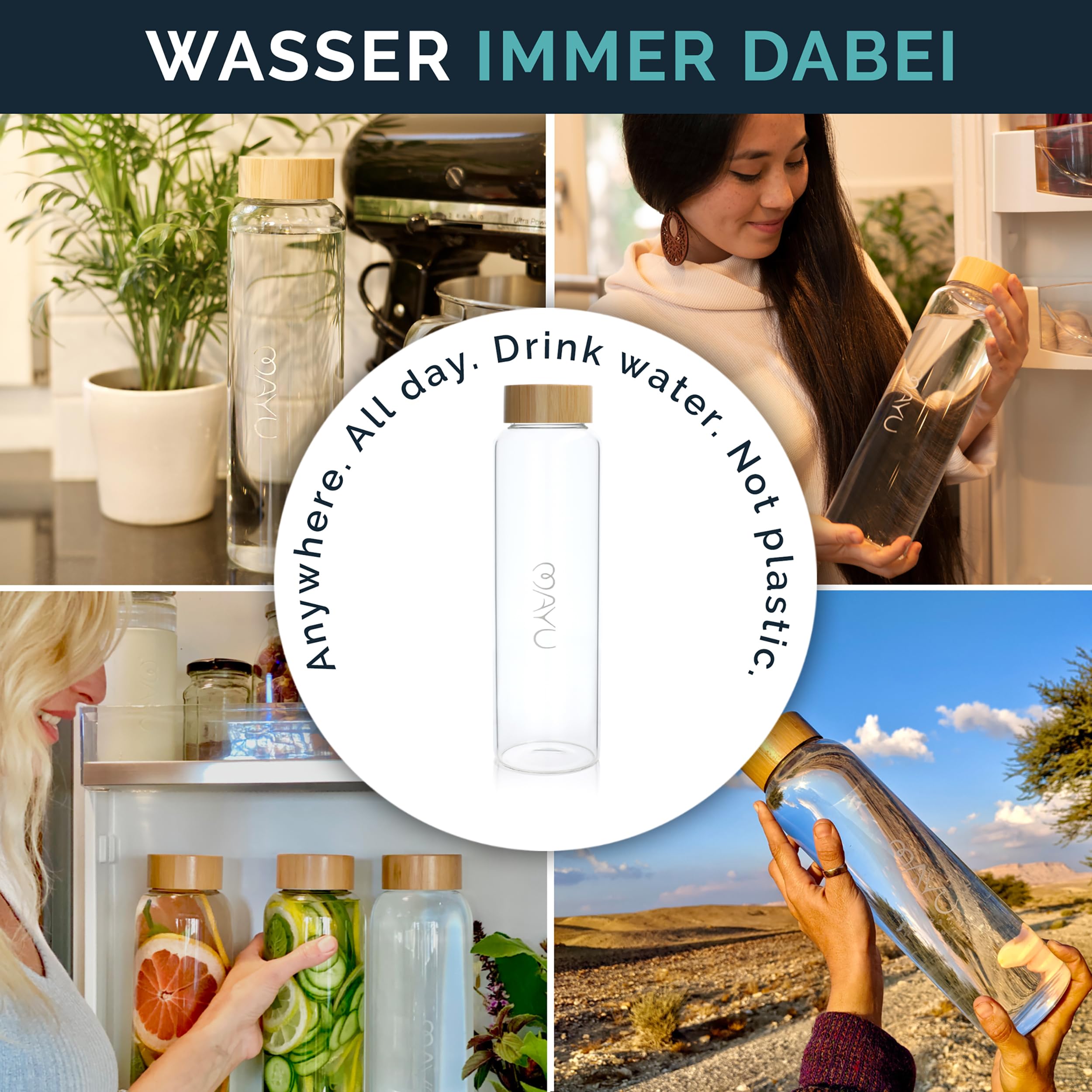 mayu Water Wasserflasche, Borosilikatglas, Bambusdeckel, 1,5 Liter | Integriertes Sieb, Bambus-Deckel, BPA-frei, auslaufsicher, umweltfreundlich, ideal für Wasser, Tee & Infused Water