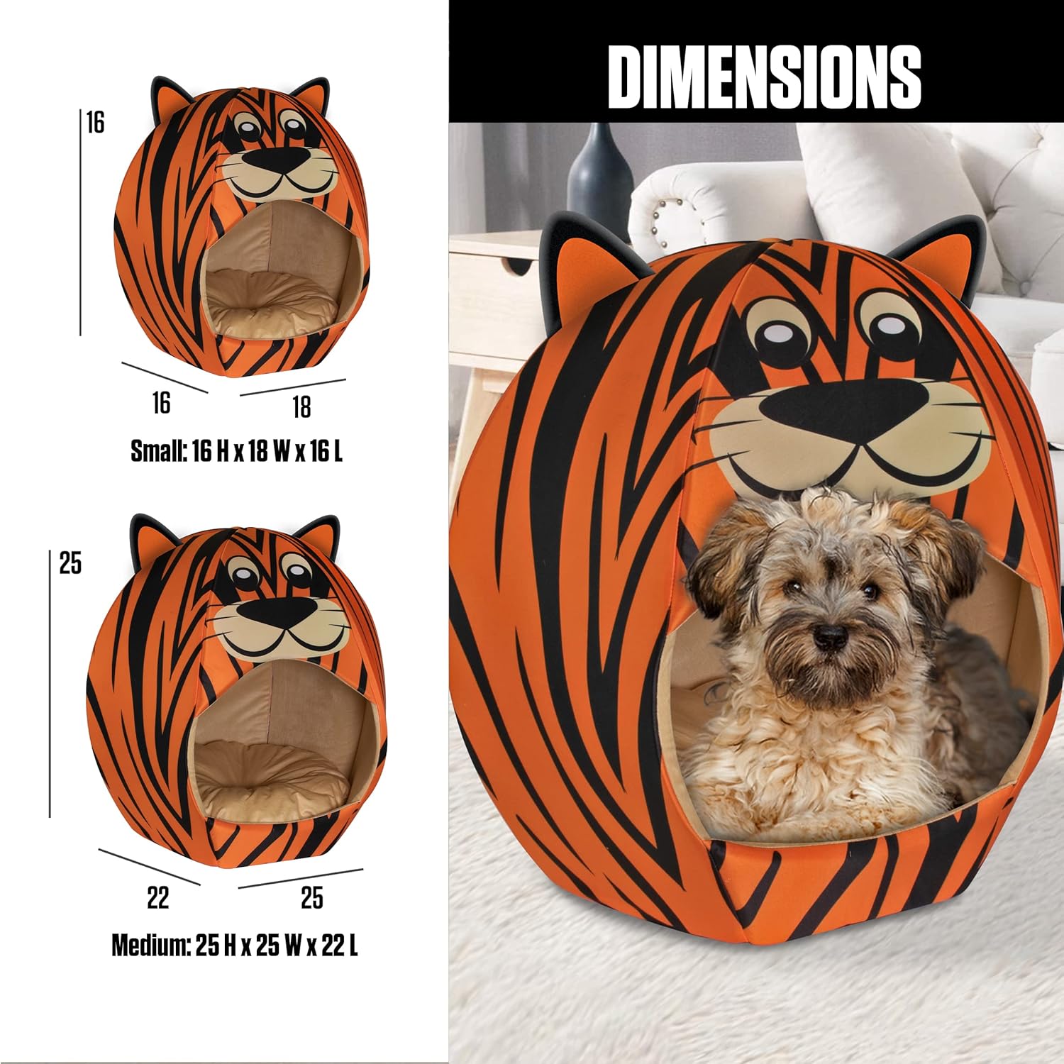 Maccabi Art Tiger Theme Dog Bed - Cute Igloo Style Pet Bet - Fits Medium Dogs, Puppies, Cats - Pillow Insert with Plush Lined Interrior, Non-Slip Igloo Design - 25 x 25 x 22