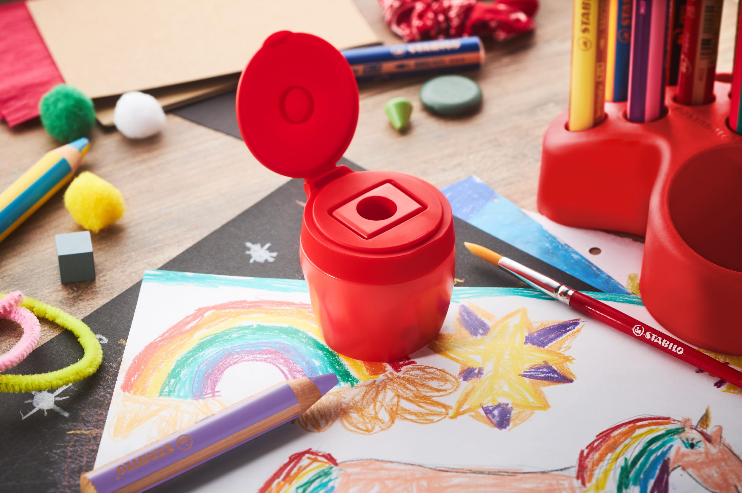 STABILO - Robust Can Sharpener - 3 x Woody 3 in 1 Sharpener - for Extra Thick Pencils - Red - Image 3