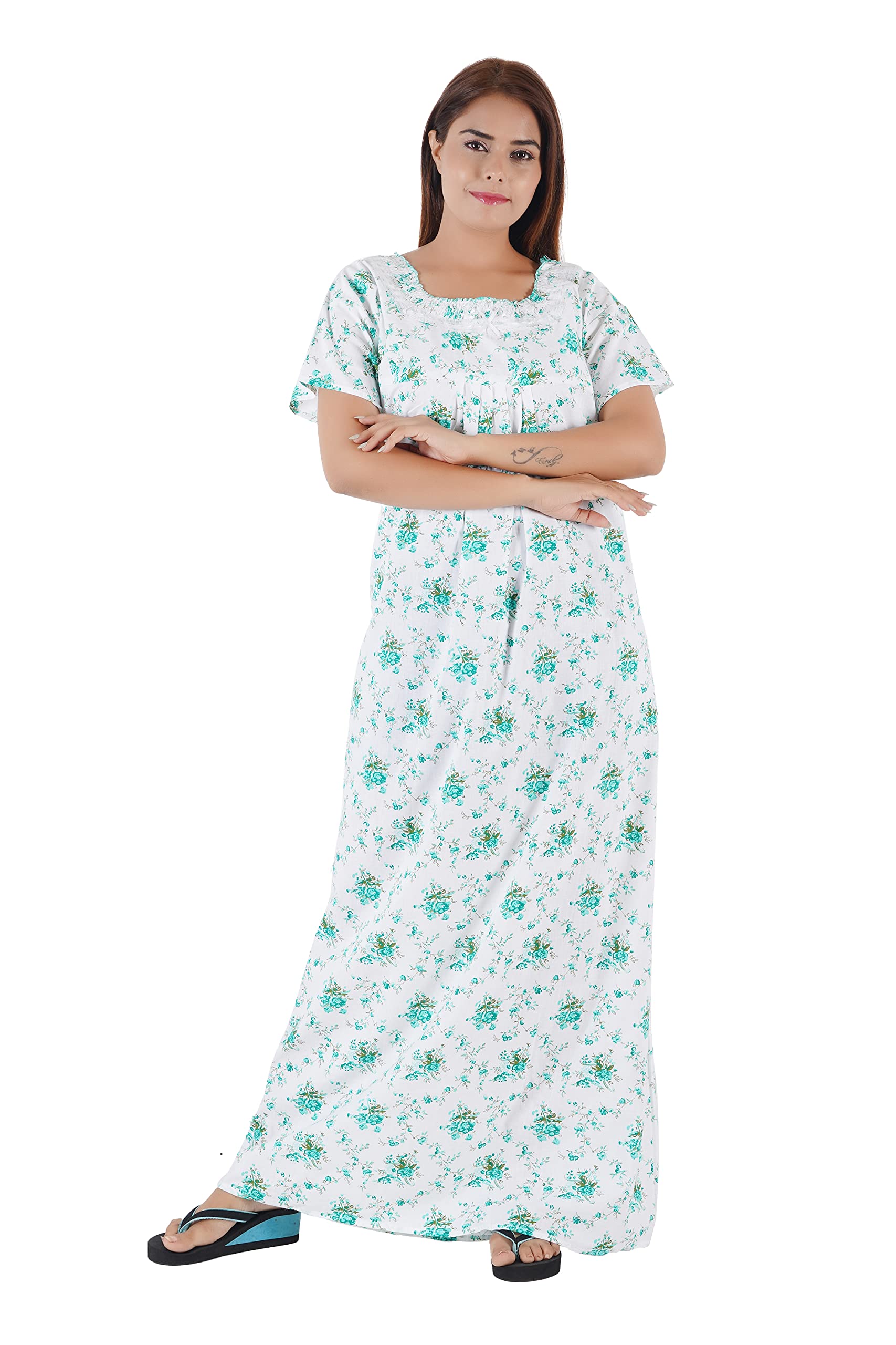 Ladies Cotton White Base Printed Nighty-image-44