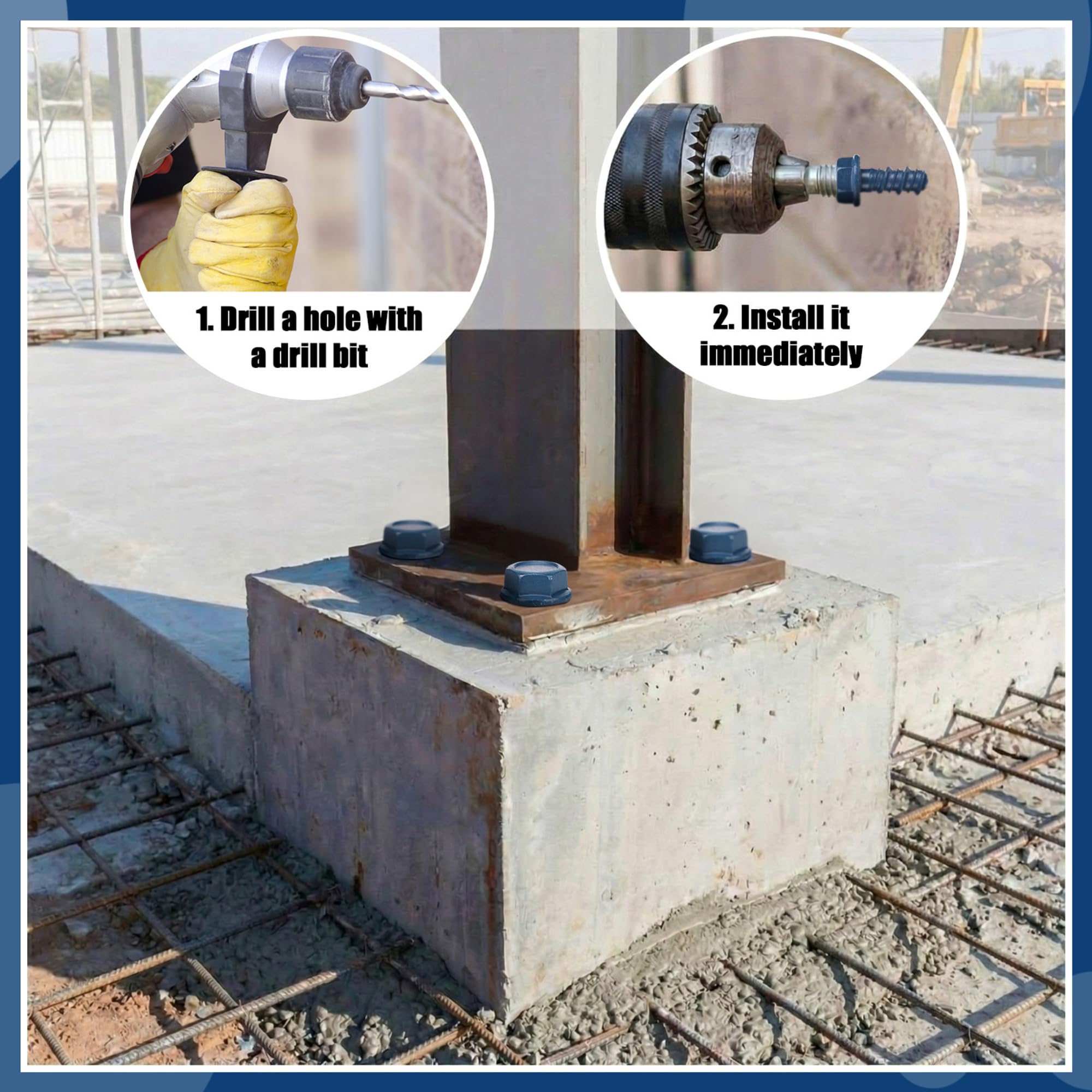 Therwen Confezione da 80 tasselli per calcestruzzo da 9,5 x 6,3 cm, testa esagonale con rondella esagonale, zincati di grande diametro, resistenti ancoraggi per calcestruzzo, mattoni e blocchi, blu