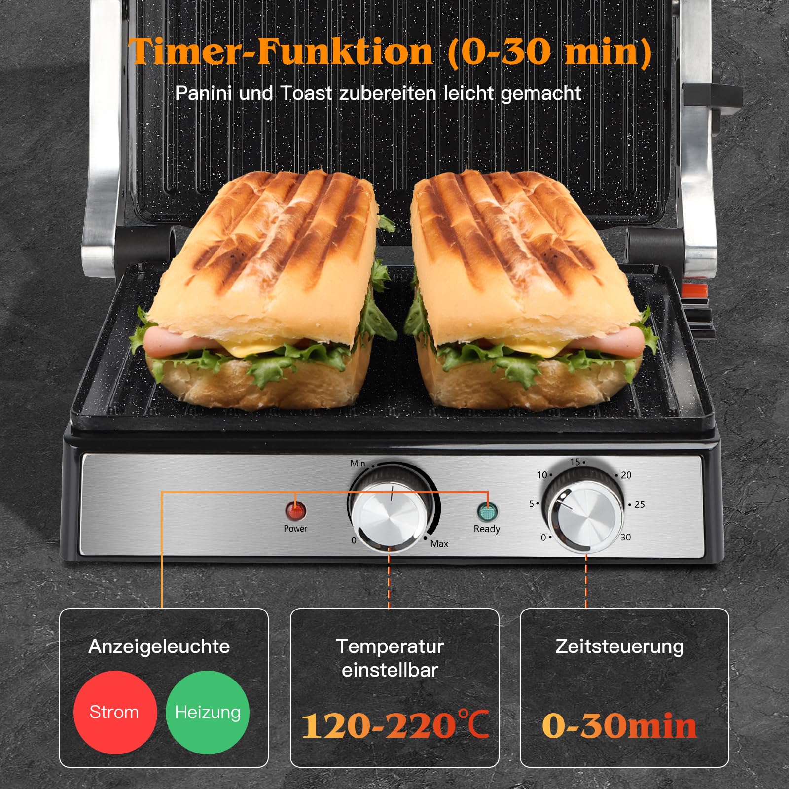 Aigostar Roast - Kontaktgrill 2000W | Einstellbarer Thermostat | 30 Minuten Timer | 29 * 23cm | 180° Öffnung | Fettauffangschale | Sandwichmaker für Sandwiche, Steak, Toaster