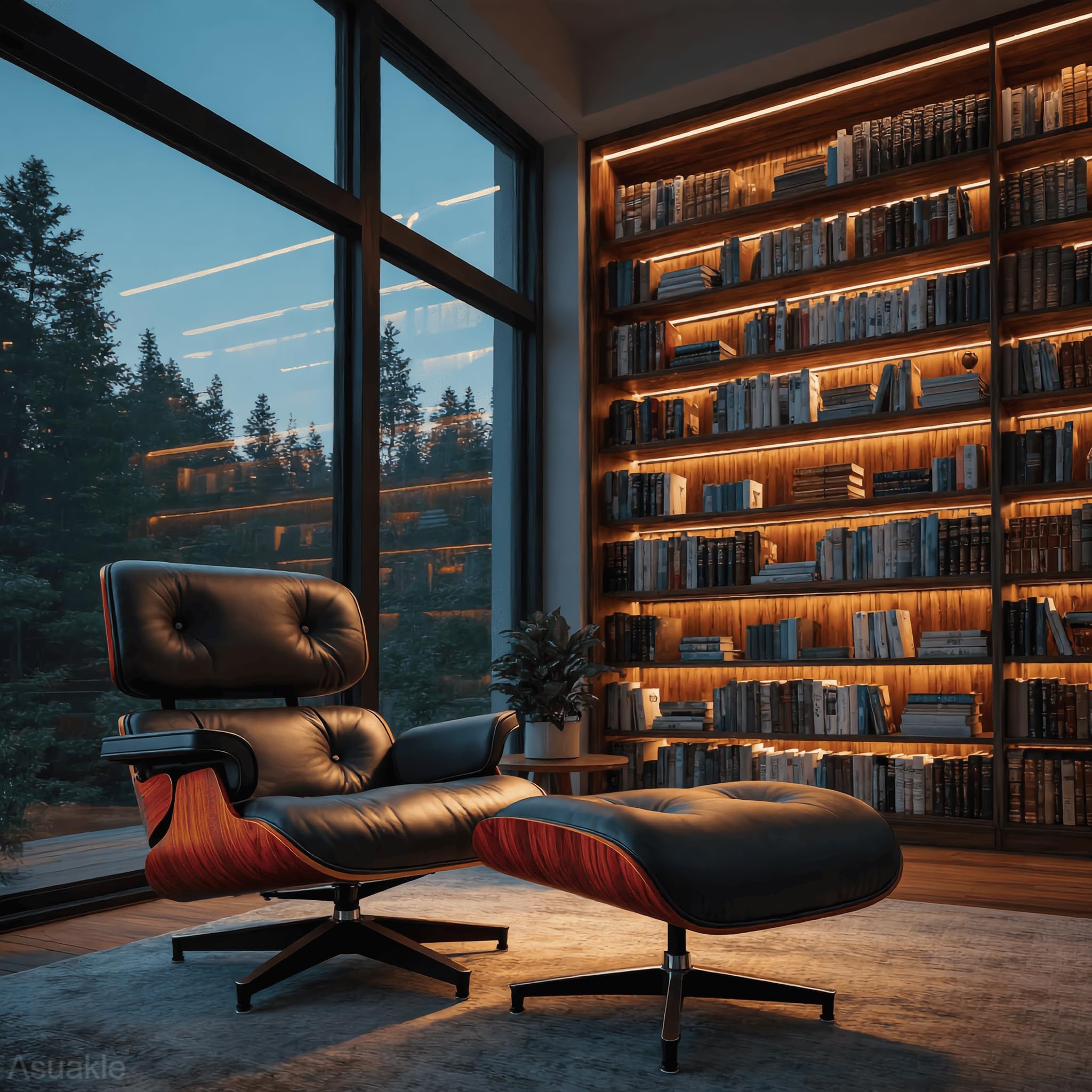Anamorn Top Grain Leather, Luxury Mid Century Modern Lounge Chair and Ottoman, I — product photo