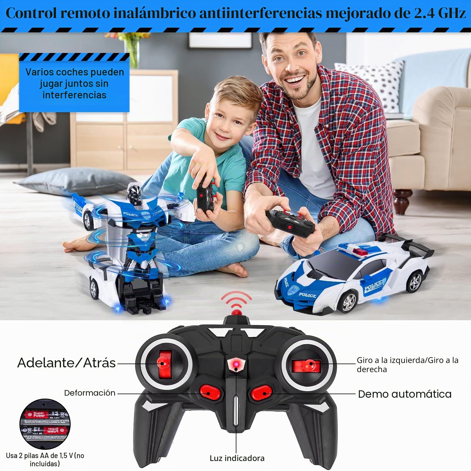 Highttoy Coche Policia Teledirigido Robot Juguetes Niños 3 4 5 6 7 8 Años, Transformador Juguete Coche Radiocontrol Rotación de 360° 2.4GHz 1:18 Robot Niños, Blanco
