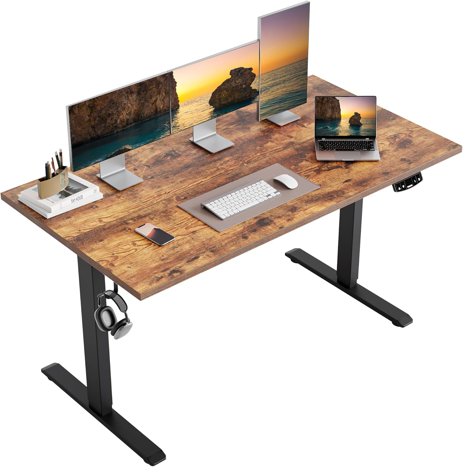 Agilestic Electric Standing Desk, 55 x 24 Inches Height Adjustable Desk, Sit Stand up Desk for Work Office Home, Splice Board, Rustic Brown