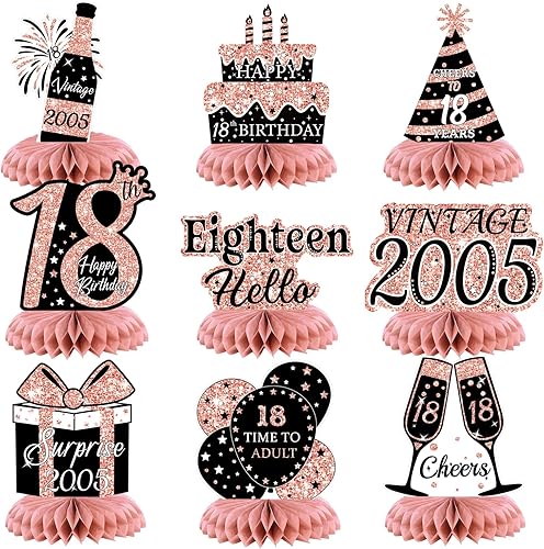 LITAUS, Decoraciones de cumpleaños número 18 color oro rosa para centros de mesa de panal, paquete de 9 Decoraciones de cumpleaños 18 para niñas