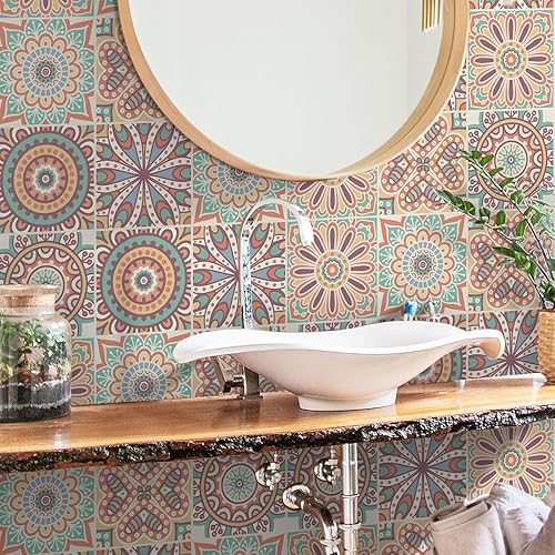 Vista 26 de Lukery Azulejo de despegar y pegar, impermeable, para cocina, mandala, azulejos autoadhesivos, azulejos de PVC, azulejos de pared, azulejos