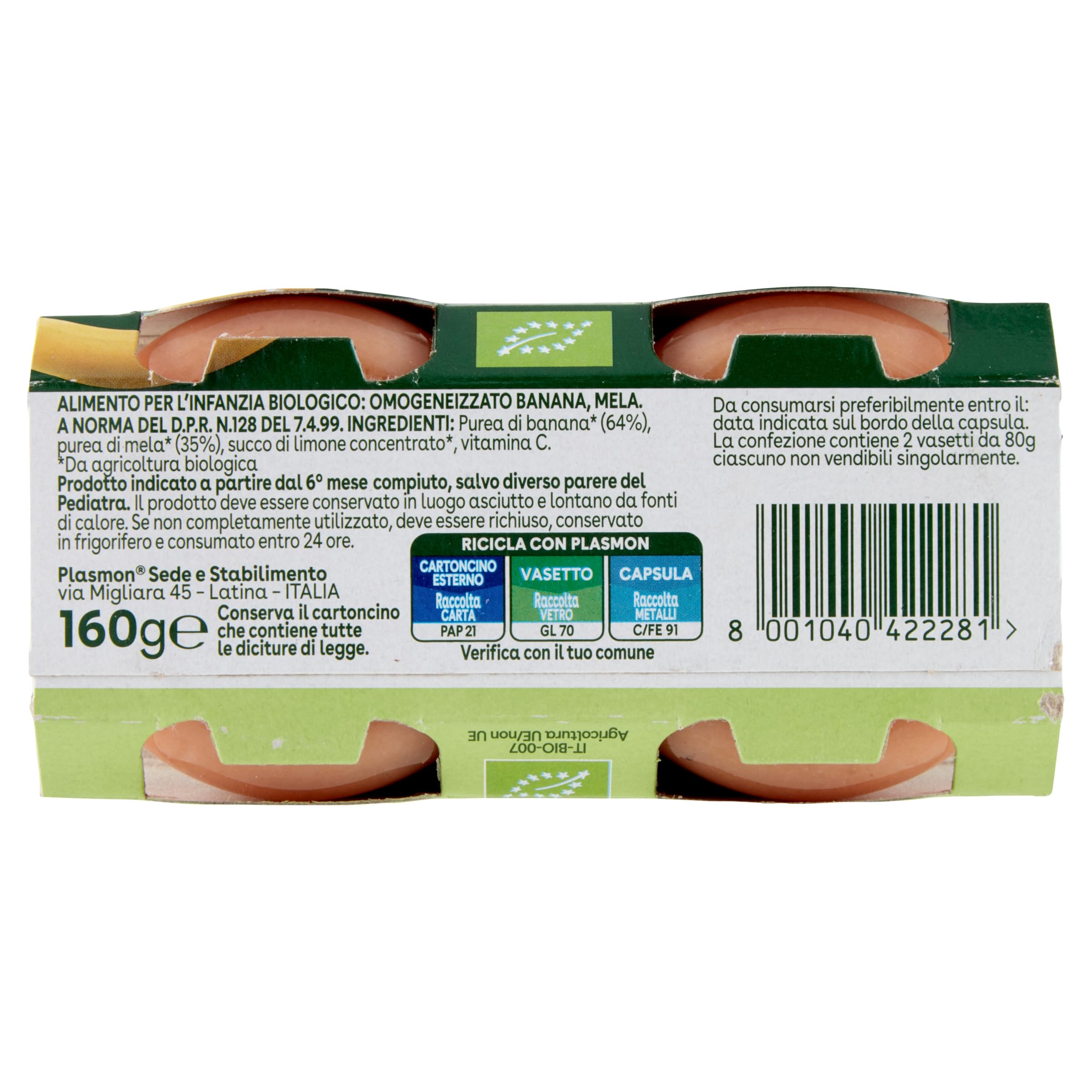 Plasmon BIO Omogeneizzato Banana Mela 2X80g (12 Confezioni)