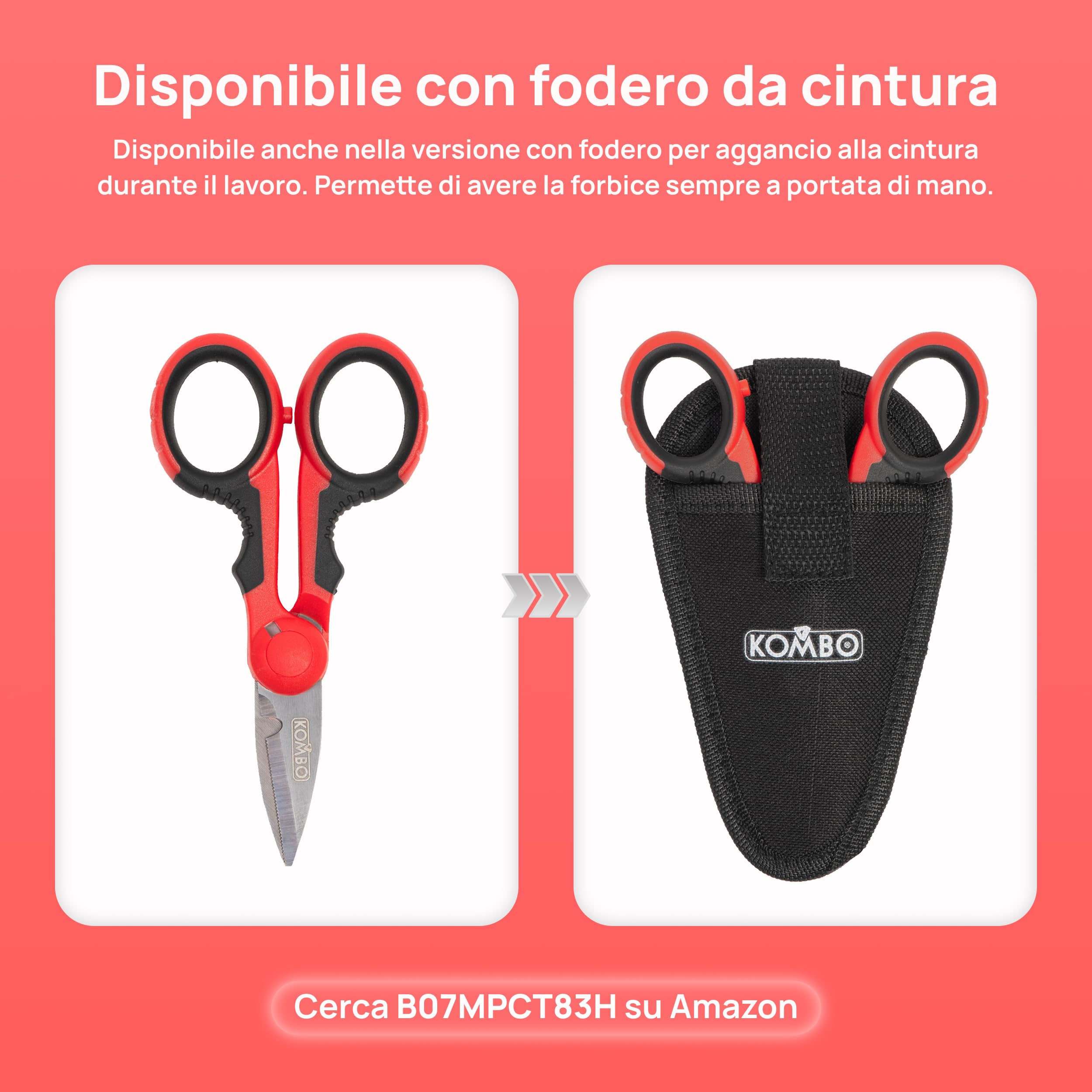 KOMBO - Forbici da Elettricista Professionali per Cavi – Lama 40 mm in Acciaio Inox, Impugnatura Ergonomica Isolante – Lunghezza Totale 150 mm