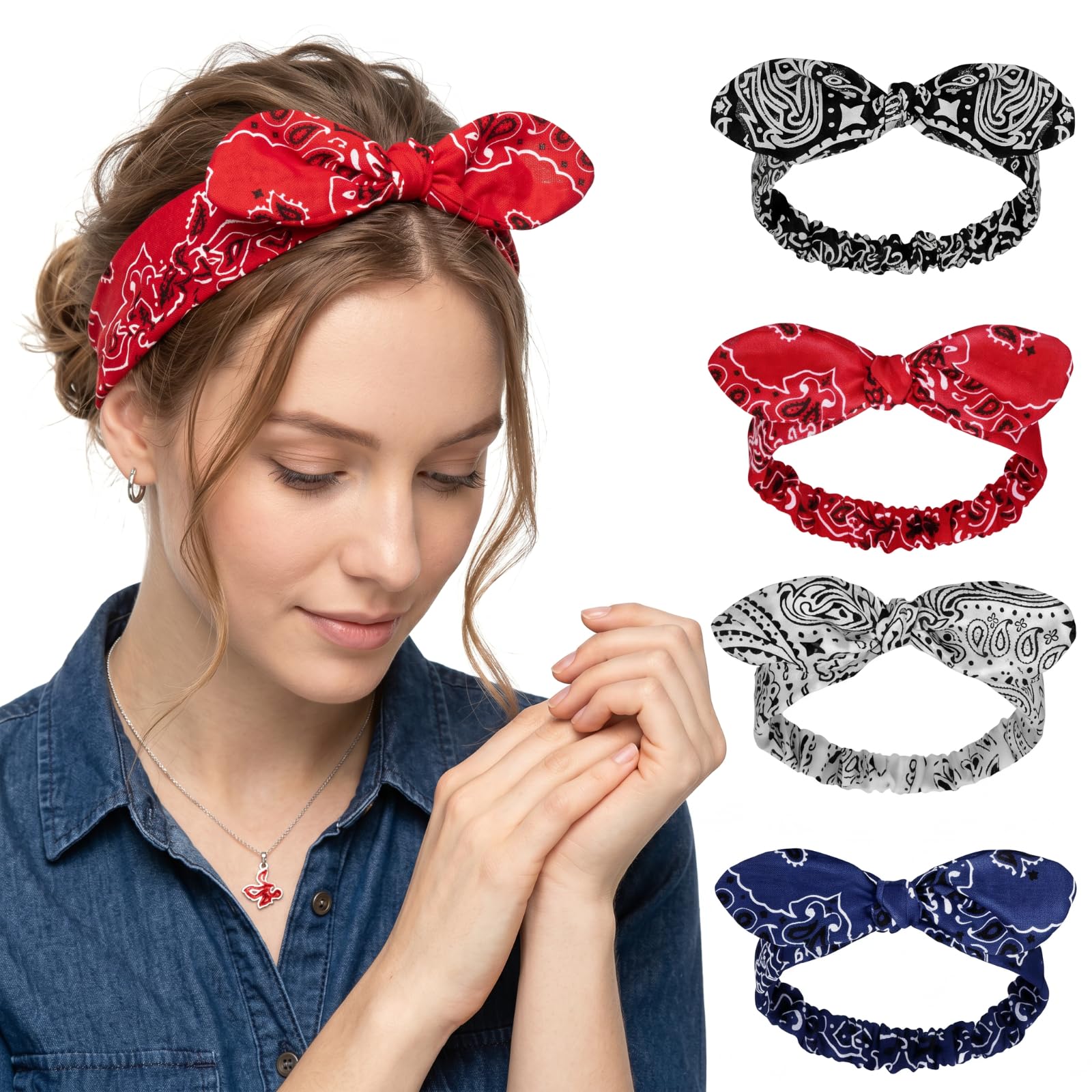 Hicarer 4 Pcs Bandana Knot Headband Red White Blue Black Women Headwrap