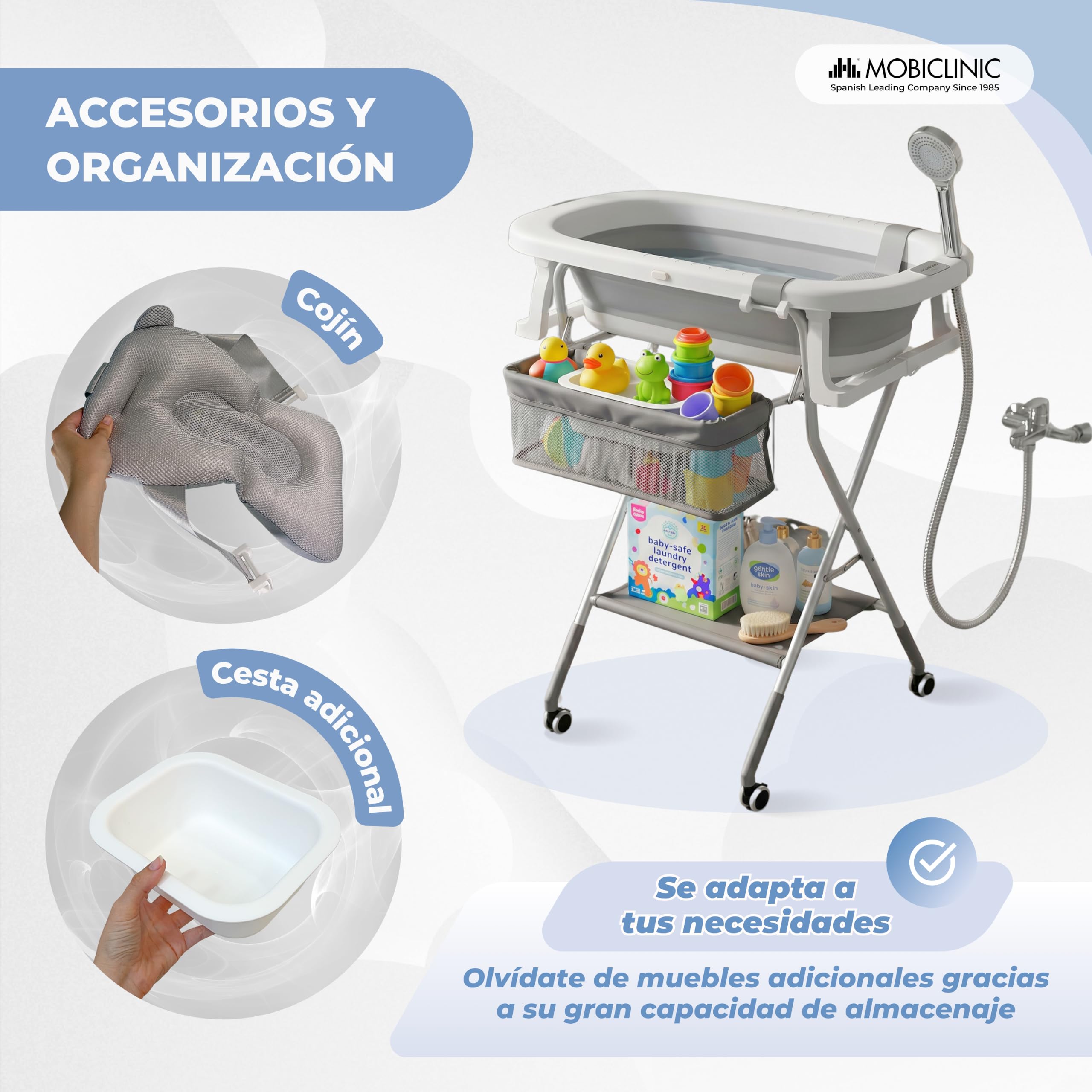 Mobiclinic®, Bañera Plegable Bebé, con Patas y Soporte, Regulable en Altura, Ruedas 360º con Freno, Cojín Ergonómico, Tubo Desagüe, Cesta y Bandeja, Compacta, Bubba Max