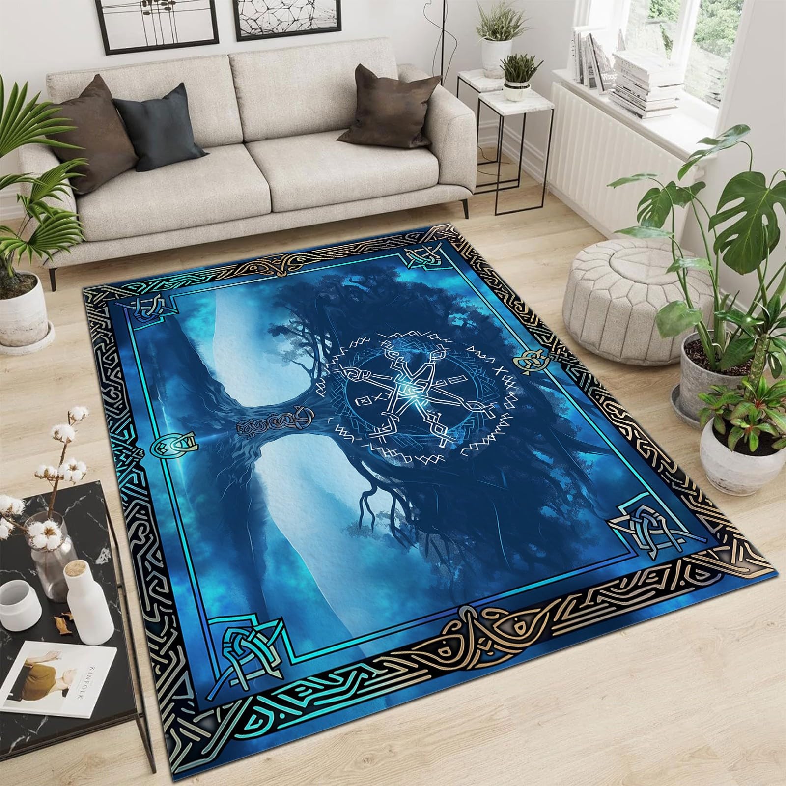 Waschbarer Tarotkarte mit Wikingerrunen Kurzflor Teppich - Weicher, Rutschfester Teppich für Wohnzimmer, Schlafzimmer - Flauschiger, Blauer Lebensbaum Teppiche Gegend, 80cm x 150cm
