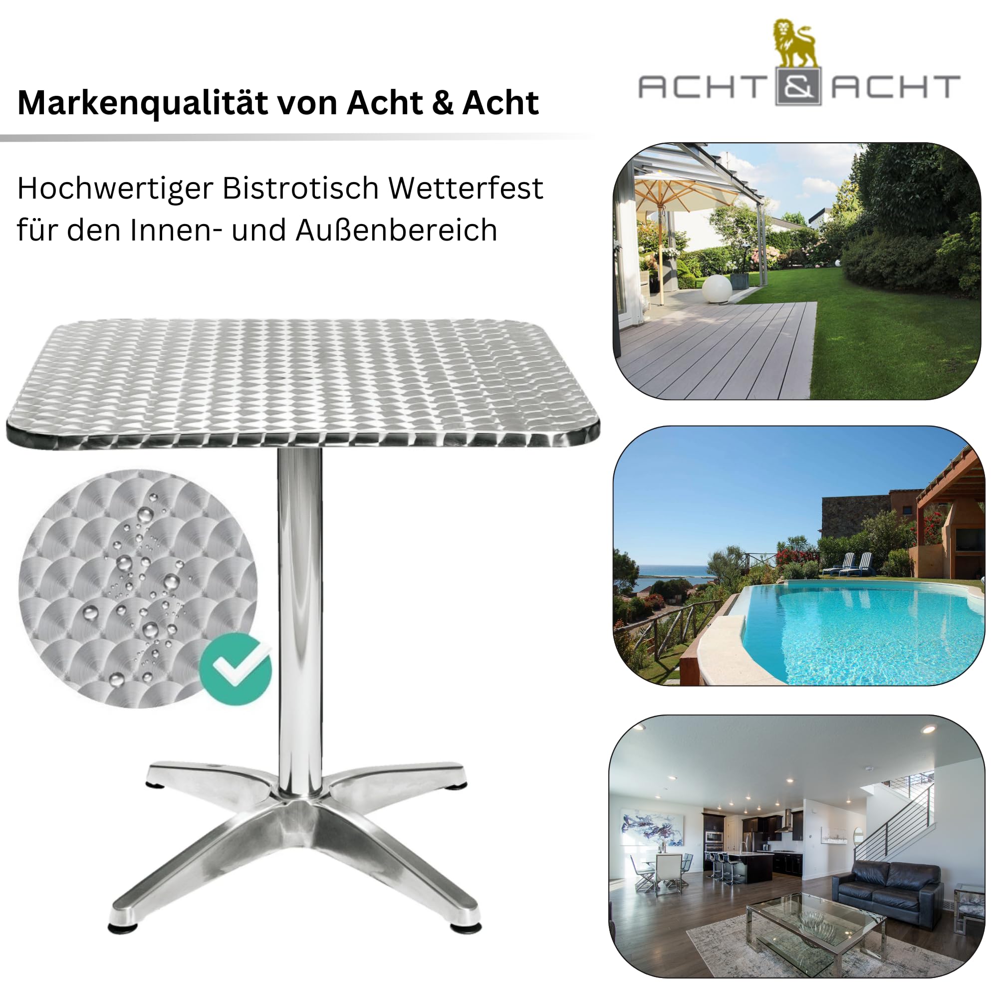 Hochwertiger Bistrotisch aus Aluminium, Eckiger Aluminiumtisch Wetterfest für Garten, Balkon und Terrassen – T80 x B80 x H72cm / Pflegeleichter Gartentisch mit Standfüßen –Silber glänzend Tischplatte