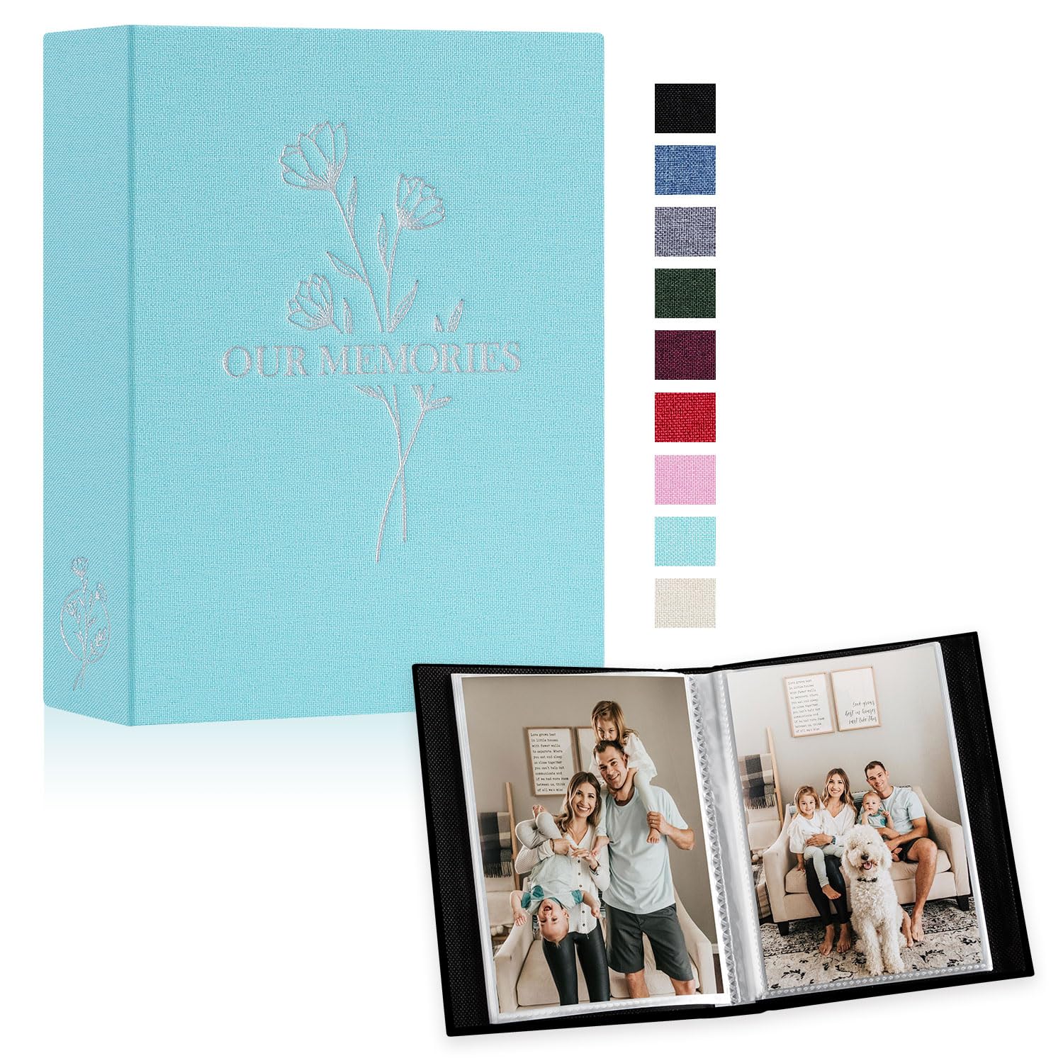 Lanpn Lino Album Fotografico 10x15 100 Tasche 2 Confezioni, OUR MEMORIES Piccolo Mini Biancheria Album Foto Portafoto Verticale Tascabile Tasca (Teal)