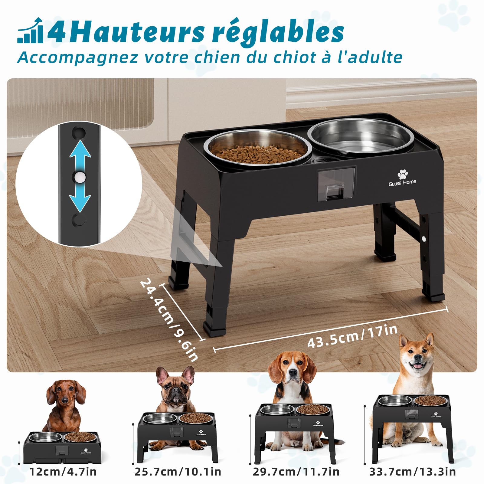 GUUSII HOME Gamelle Surélevée pour Grand Chien - Porte Bol Haute INOX - Bar à Gros Chien Moyen Chiot - Hauteur Réglable 43.5 * 24.4 * 12/25.7/29.7/33.7cm 2000ml