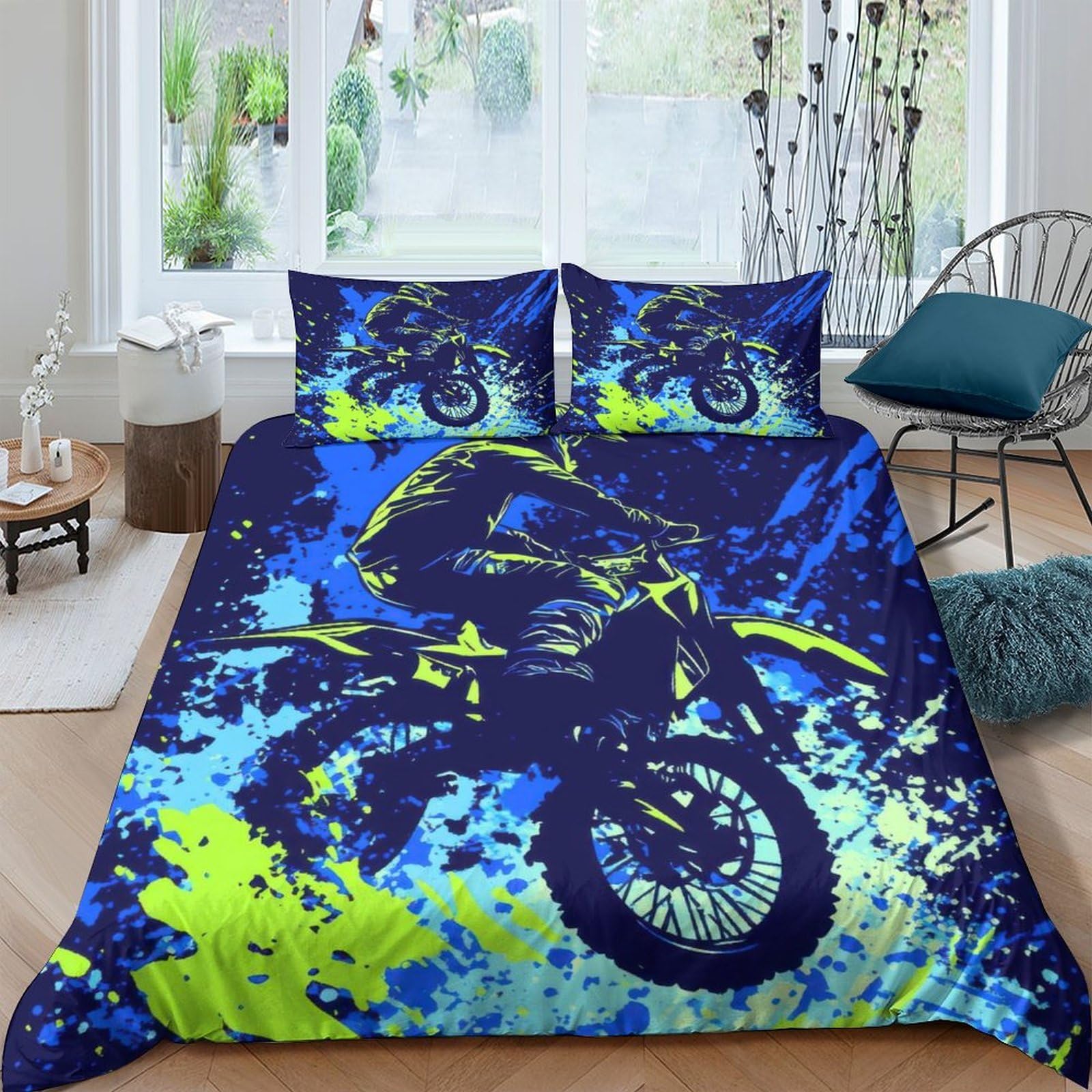 GPLZQXKJNH 3D Printed Motocross Splash Duvet Cover Microfiber Soft Breathable Graffiti Bedding Set with 2 Pillowcases for Bedroom Decor Single（135x200cm）