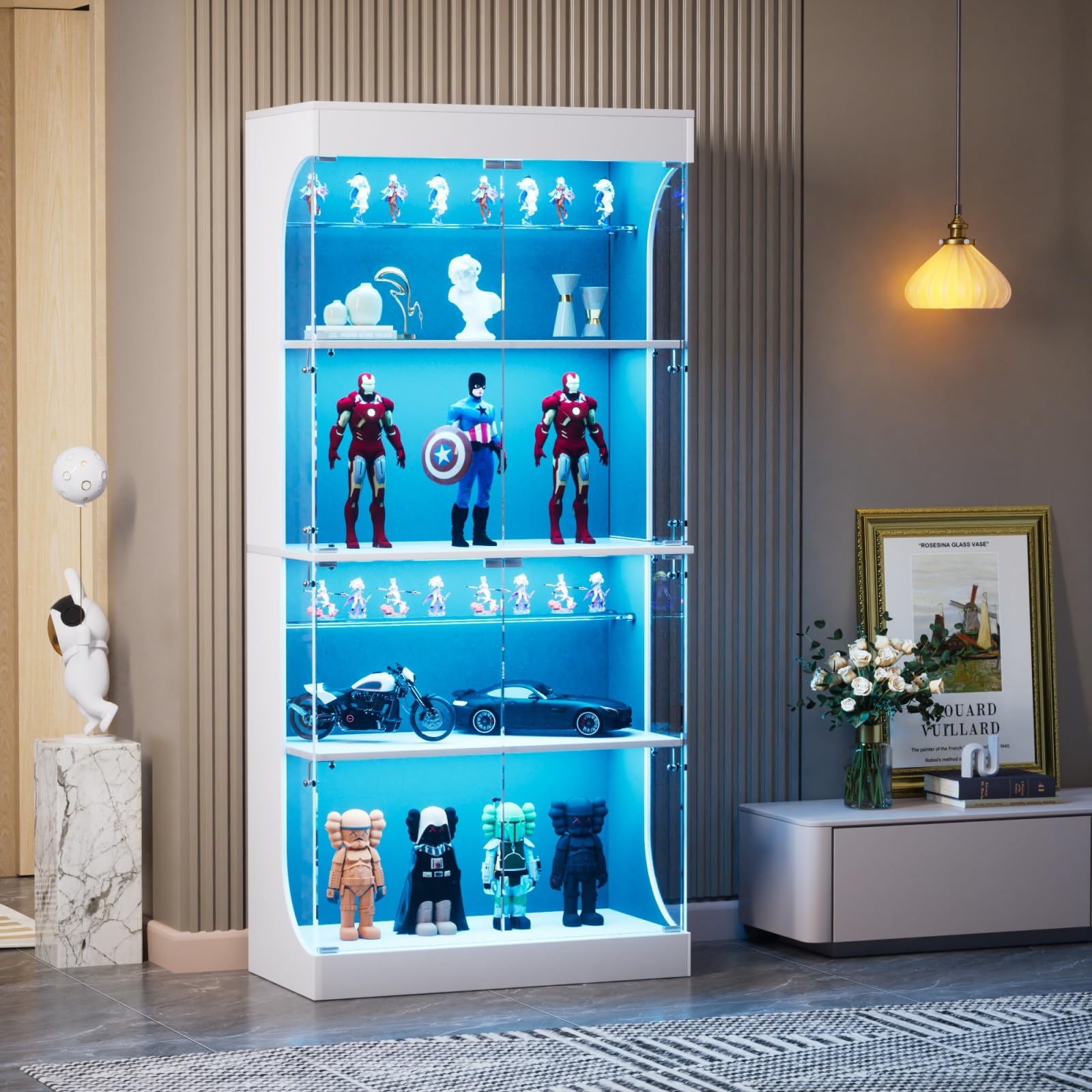 Vitrina de cristal con LED, vitrina para colección, armario de cristal moderno, 6 estantes, 4 puertas, transparente, mueble vitrinas para dormitorio, salón, comedor, 80 x 35 x 165 cm (blanco