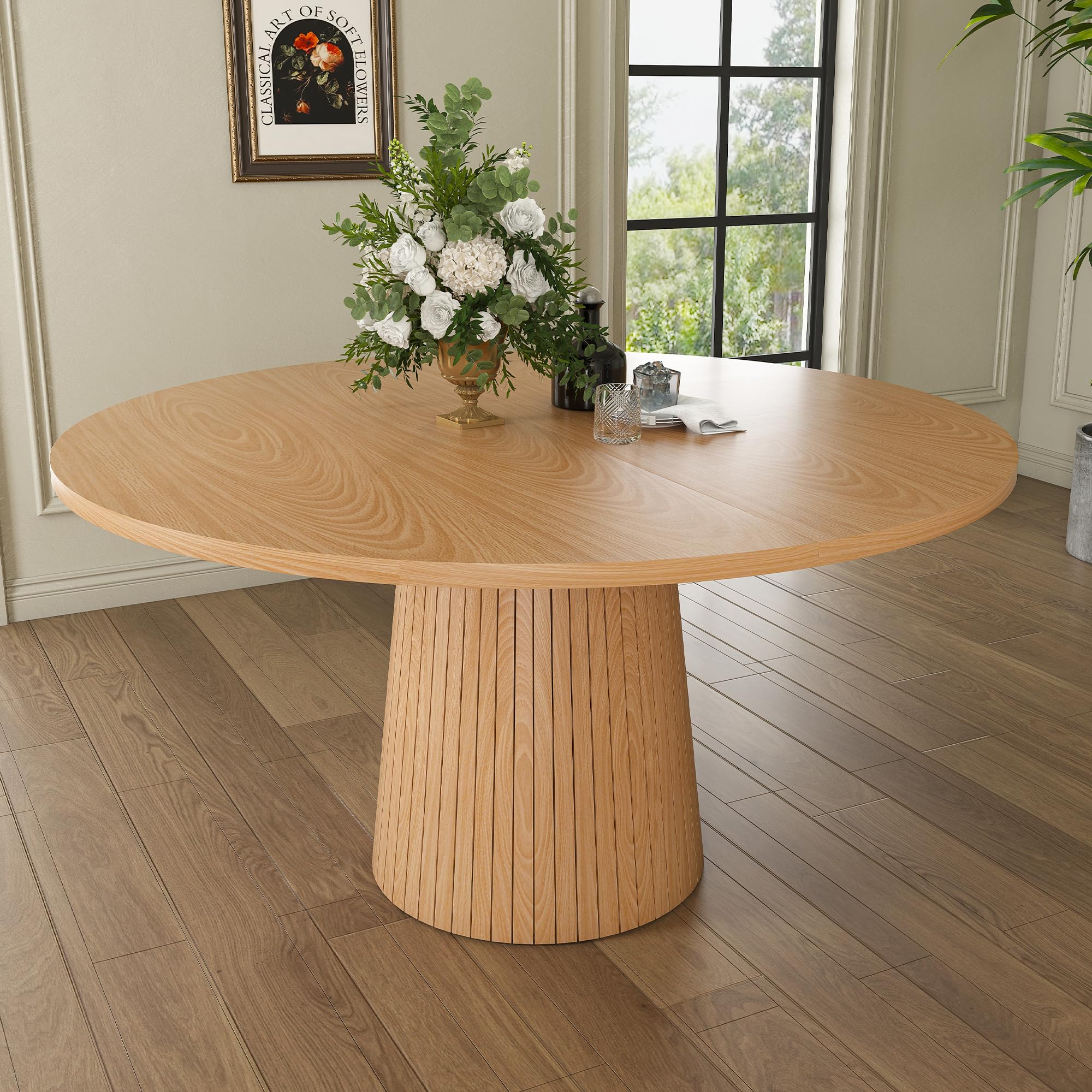 Tavolo da cucina rotondo, 110 cm, stile rustico, piano in MDF con impiallacciatura in rovere a due semicerchi, base cilindrica con telaio interno in metallo, per cucina e sala da pranzo