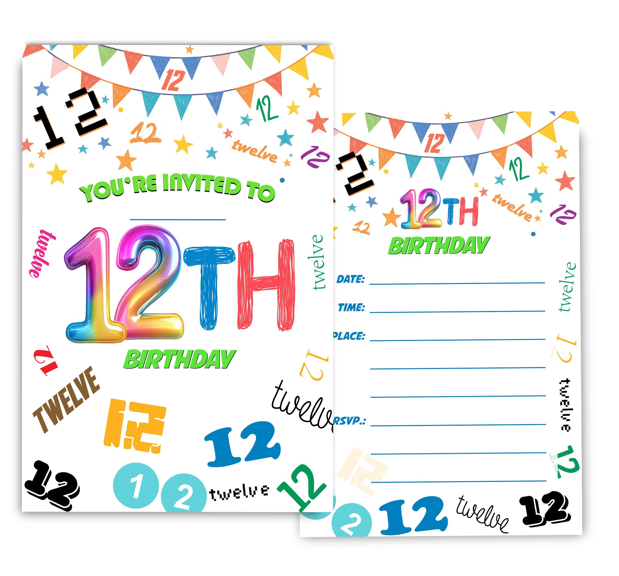 Fablus 12th Birthday Invitations for Boys, Girls, Number 12 Birthday Party Invitaions for Twelfth Party Invites, 4x6 Inches, 30 Sets with Envelopes
