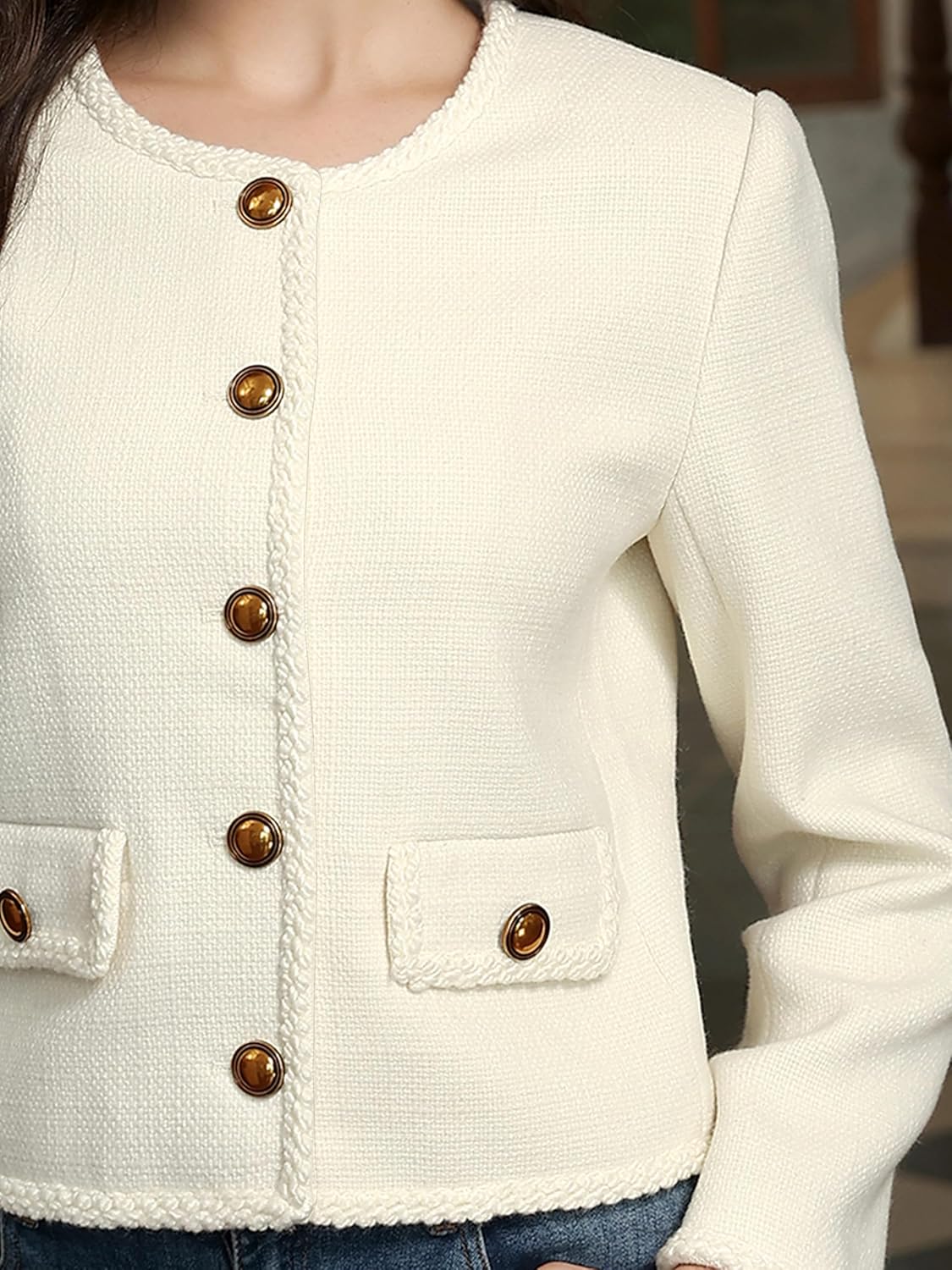 M.Infisavo Womens Cropped Tweed Jackets with Pockets, Collarless Shackets Casual Outerwear Golden Button Down Vintage Blazer - Image 2