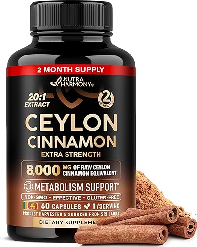 Cápsulas de canela de Ceilán, 8000 mg, extra fuerza, fabricadas en Estados Unidos, apoyo de energía, corazón y metabolismo, para hombres y mujeres,