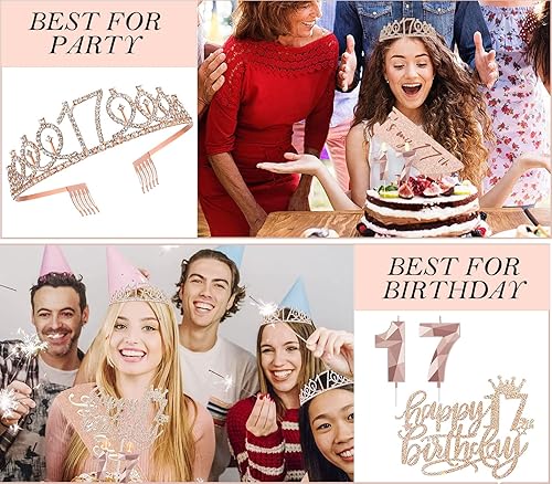 Miniatura 6 de 8 decoraciones de cumpleaños número 17 para niñas, incluye adorno para pastel de cumpleaños de 17 años, banda de reina de cumpleaños con alfiler de