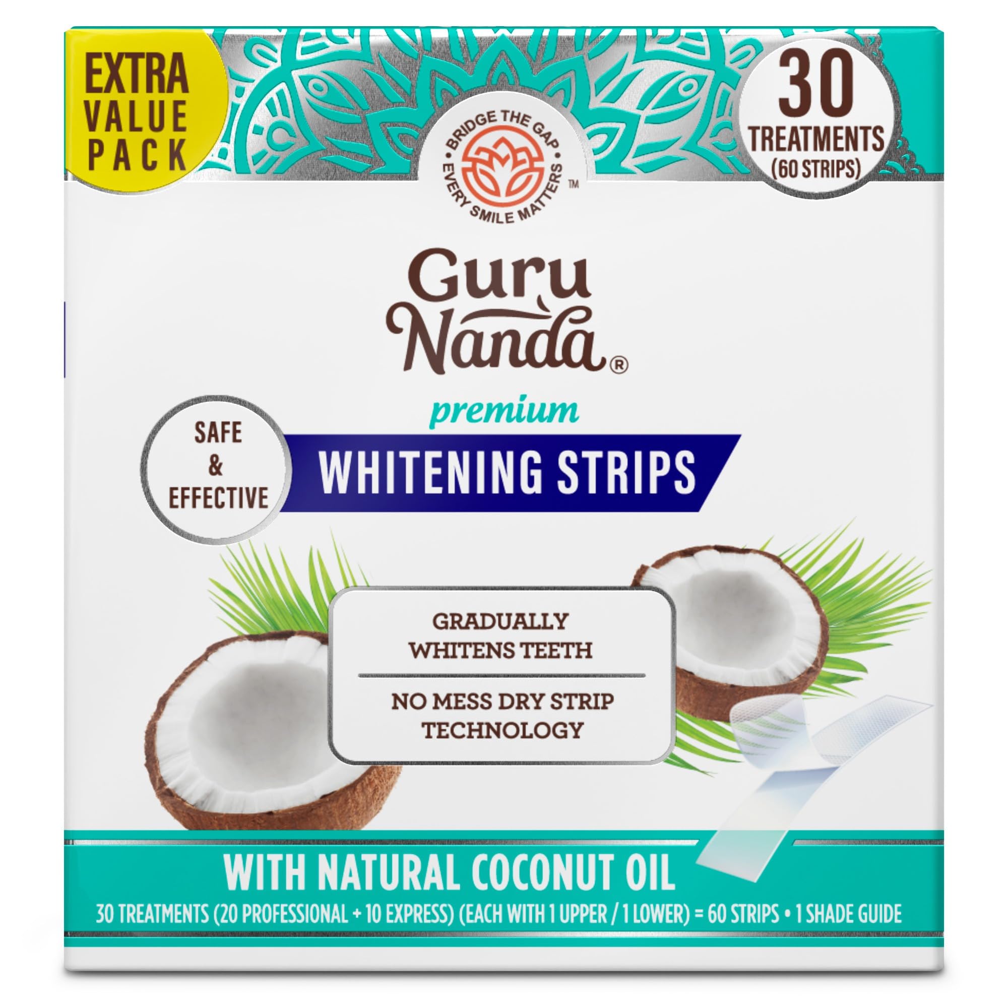GuruNanda Teeth Whitening Strips - 30-Day Treatment with Non-Slip, Dry Strip Technology - Whitening Designed with Care for a Brighter Smile